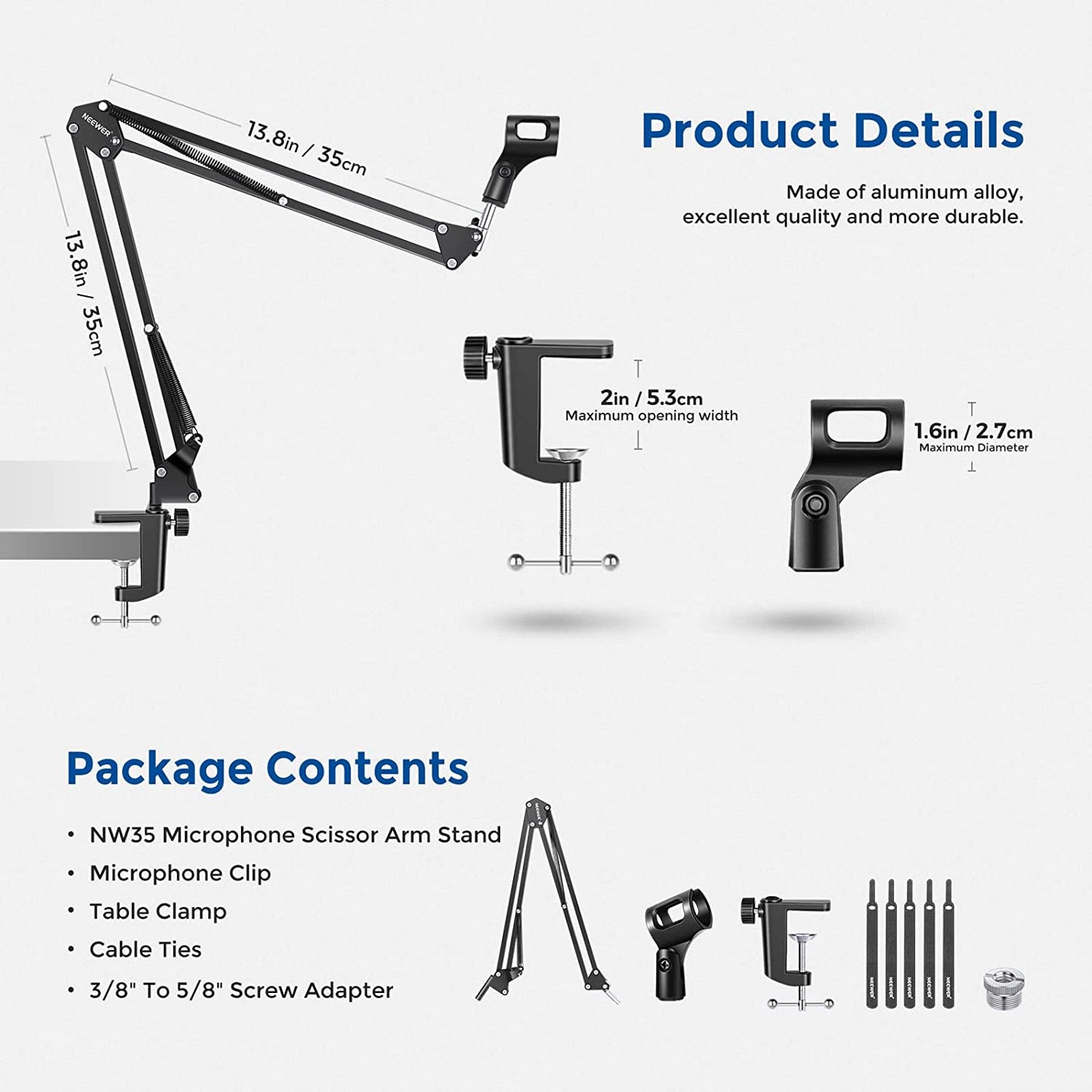 Neewer Microphone Arm Stand, Suspension Boom Scissor Mic Arm Stand with 3/8” to 5/8” Screw and Cable Ties Compatible with Blue Yeti, Snowball, Yeti X, Quadcast and Other Mics, Max Load 1.5kg