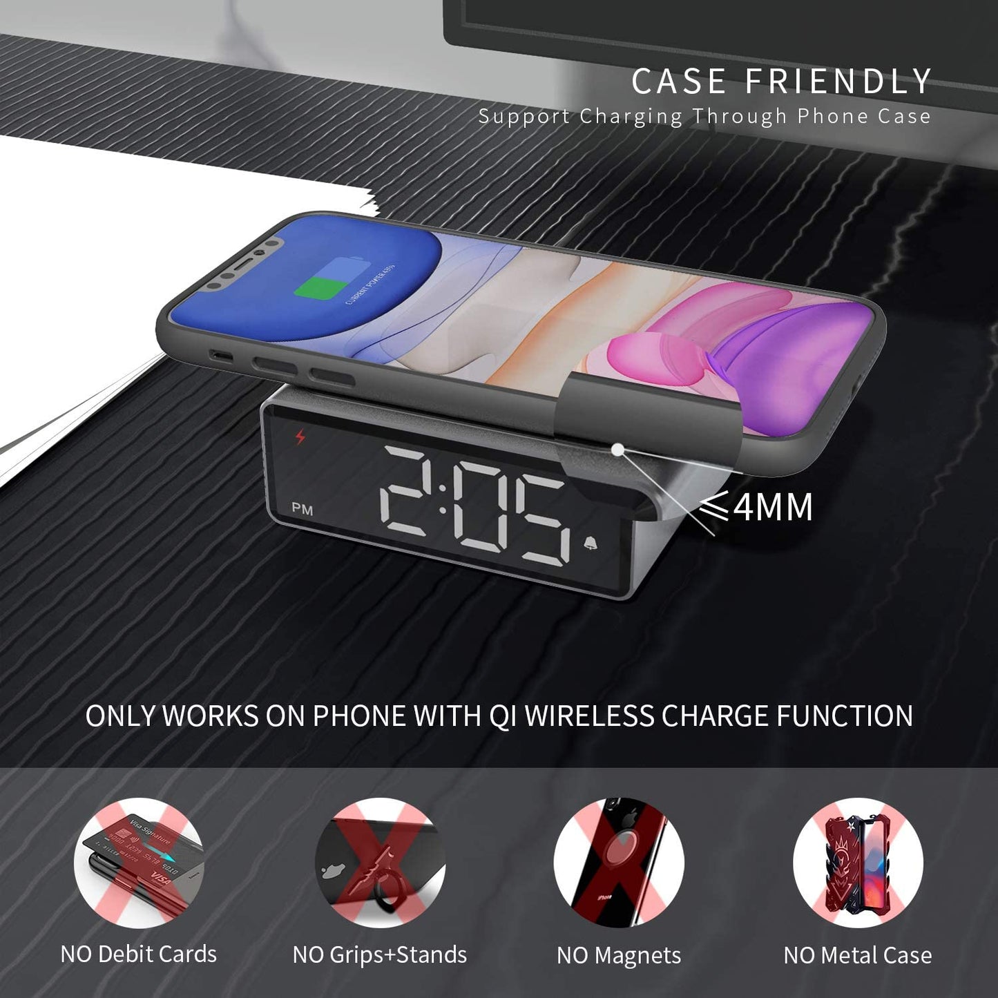 NOKLEAD Digital Alarm Clock with Qi Wireless Charger Clear LED Display