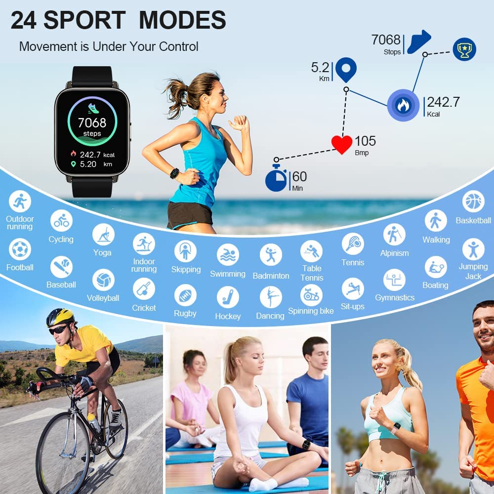 Smart Watch Men Women, Smart Watch 1.69" Smart Watch with Pedometer Sleep Heart Rate Monitor, IP68 Waterproof, 24 Sports, Message Notifications, Motast Fitness Tracker for Android iOS [Energy Class A+++ ]