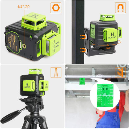 Huepar 3D Cross Line Self-leveling Laser Level 3 x 360 Green Beam Three-Plane Leveling and Alignment Laser Tool, Li-ion Battery with Type-C Charging Port & Hard Carry Case Included - B03CG Pro