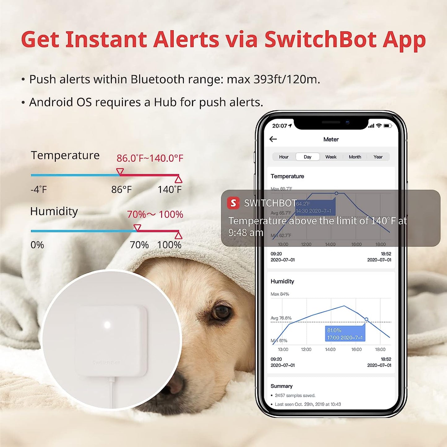 SwitchBot Room Thermometer Hygrometer Indoor, Bluetooth Digital Temperature Humidity Sensor with Smart Alert & Data Storage, LCD Screen Digital Thermometer for Room Temperature