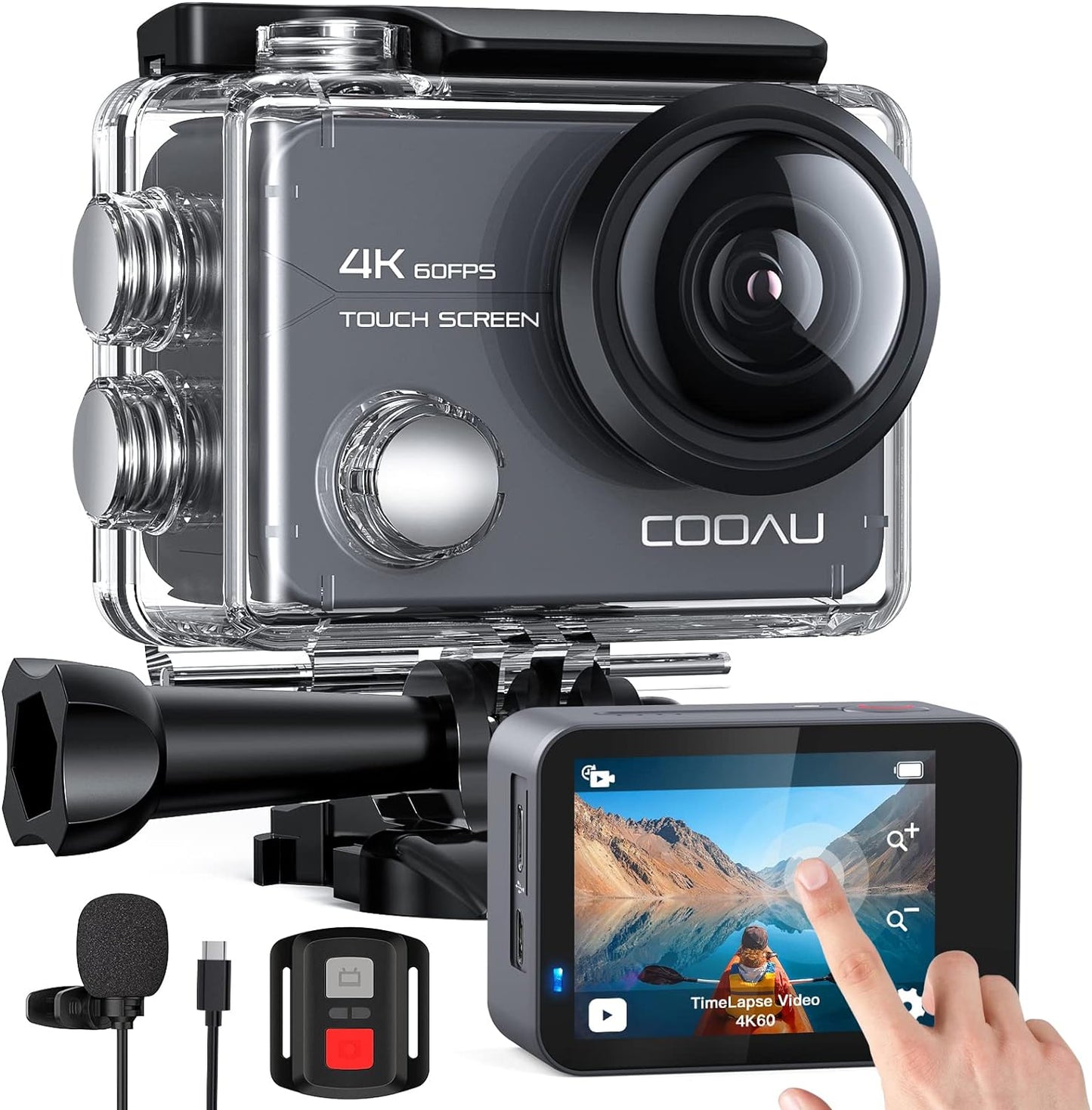 COOAU Native 4K 60fps 20MP Touch Screen Wi-Fi Action Sports Camera with 8XZoom EIS Anti-Shake 40M Waterproof Underwater Case 170° Adjustable Wide Angle External Microphone 2x1350mAh Batteries