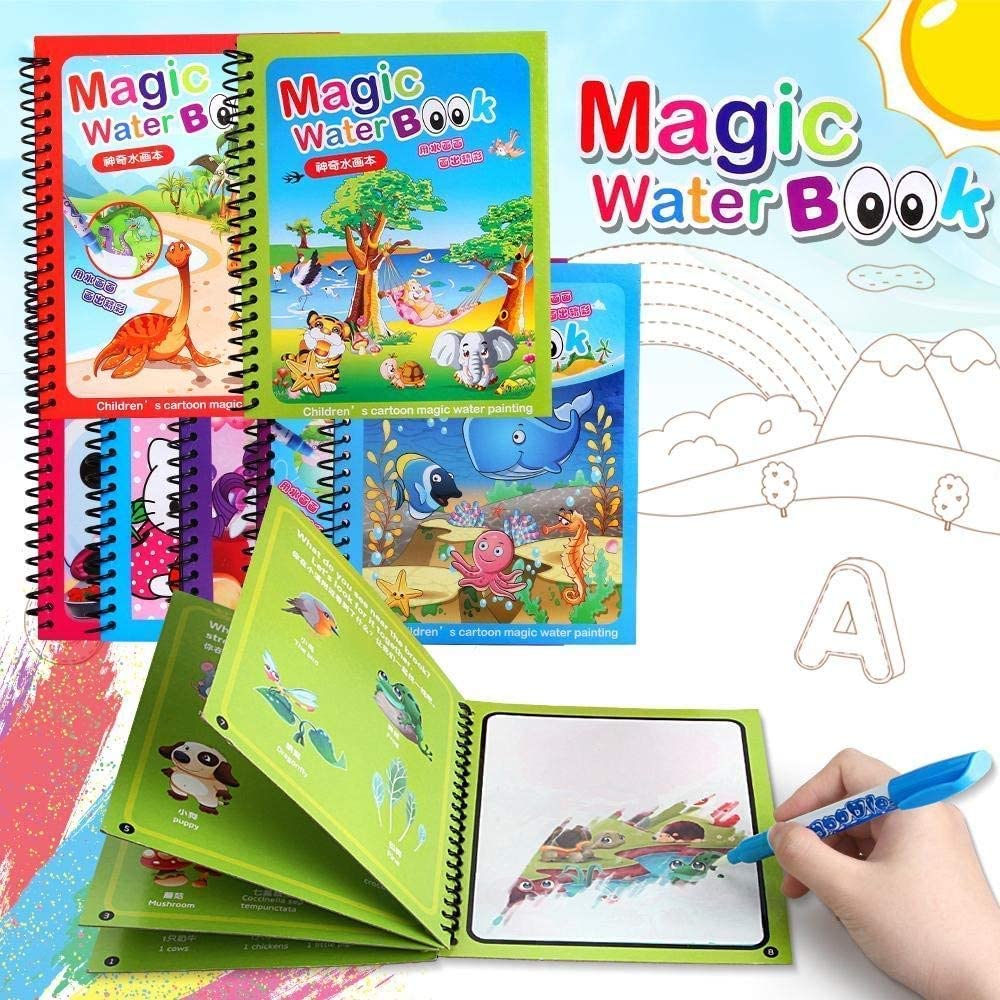 Quick Dry Re-Usable Magic Coloring Water Book Doodle with Magic Pen Painting Board for Children Education Drawing Pad (Random Design) (Pack of 2)