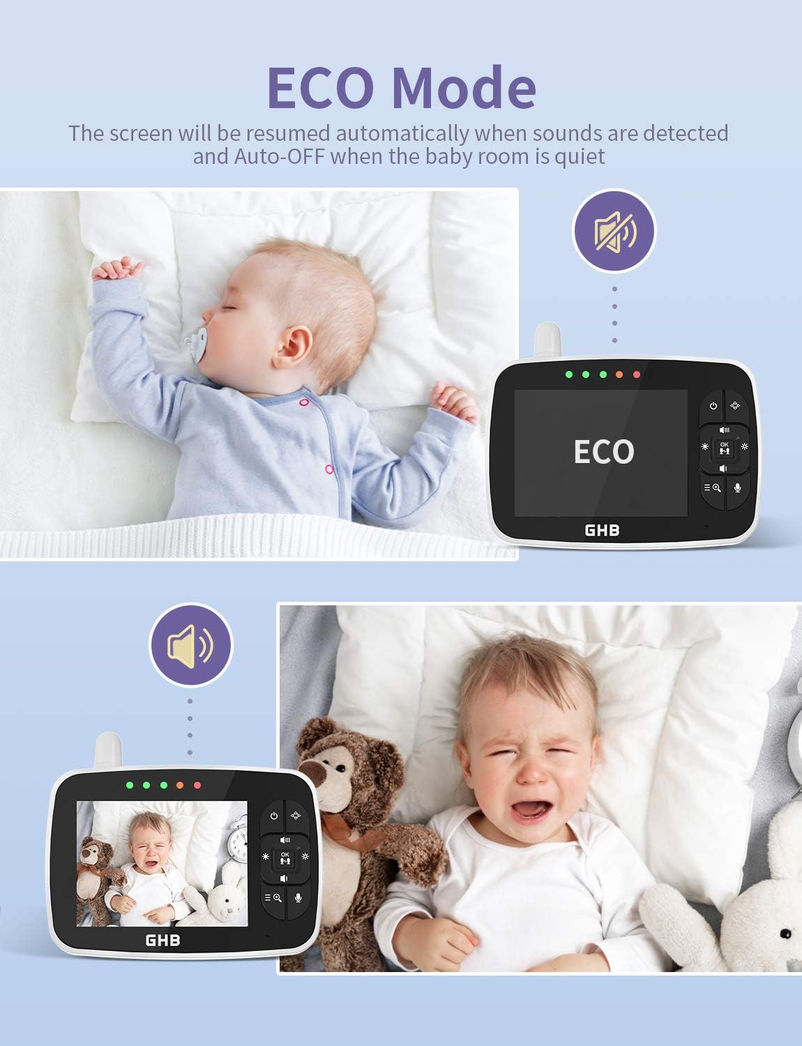 GHB Baby Monitor 3.5-inch Video Baby Monitor with Camera Infrared Night Vision Temperature Display Lullaby Function 2-Way Talk Feeding Alarm Clock