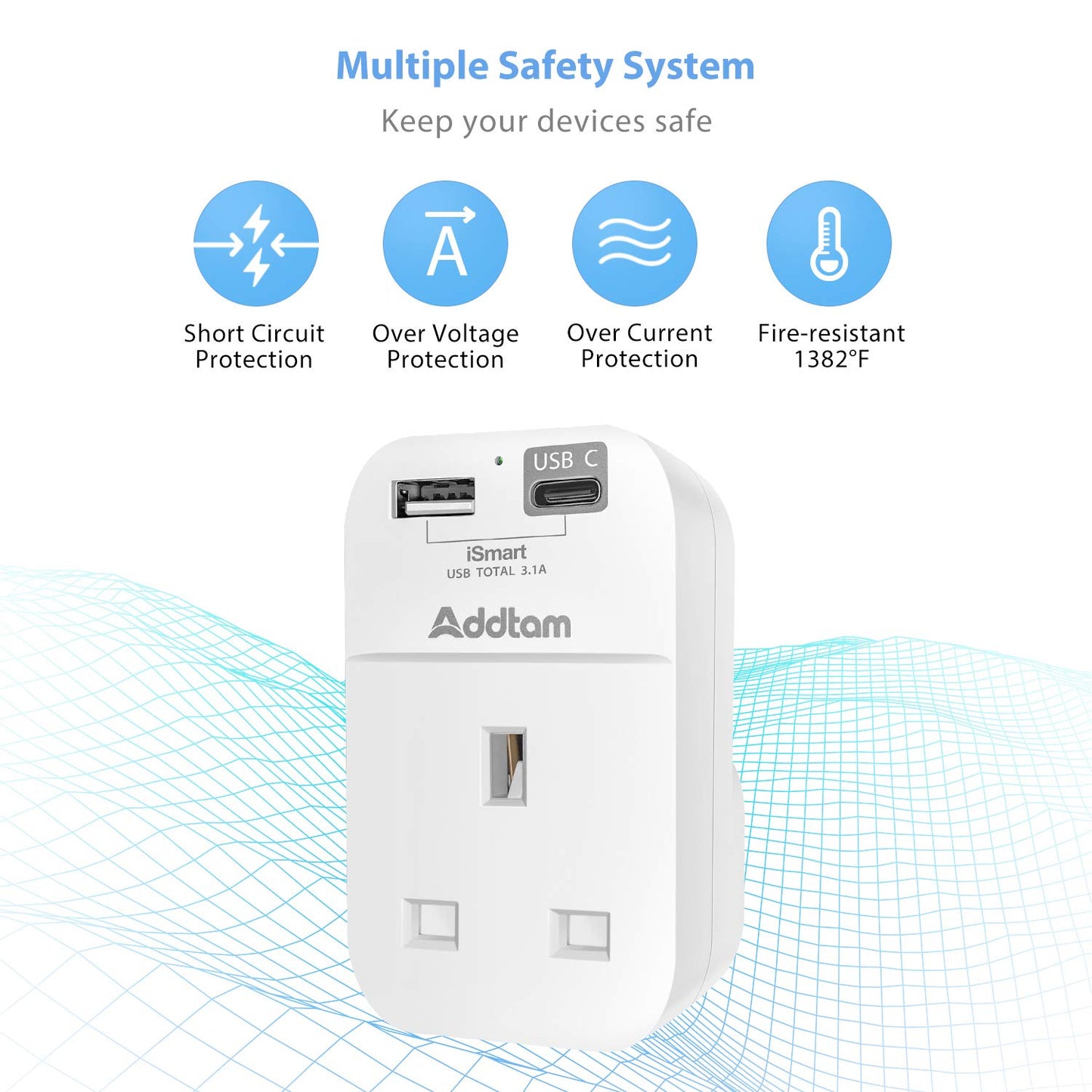 Addtam USB Plug Adaptor UK, Plug Extender with Cable-Free 1 Way 13A Wall Socket Adapter, Wall Plug Extension with 2 USB Slots(1 USB-C Fast Charging and 1 USB-A), Mini & Portable for Home/Office/Travel