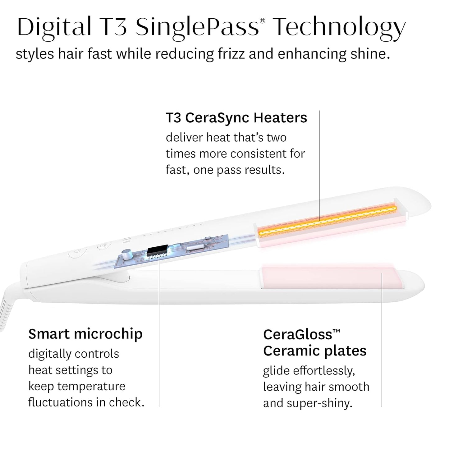 Like A New T3 SinglePass StyleMax Professional 1" Ceramic Flat Iron with Custom Heat Automation, 9 Heat Settings, Longer Ceramic Plates, for Straightening, Waving, Curling & Styling