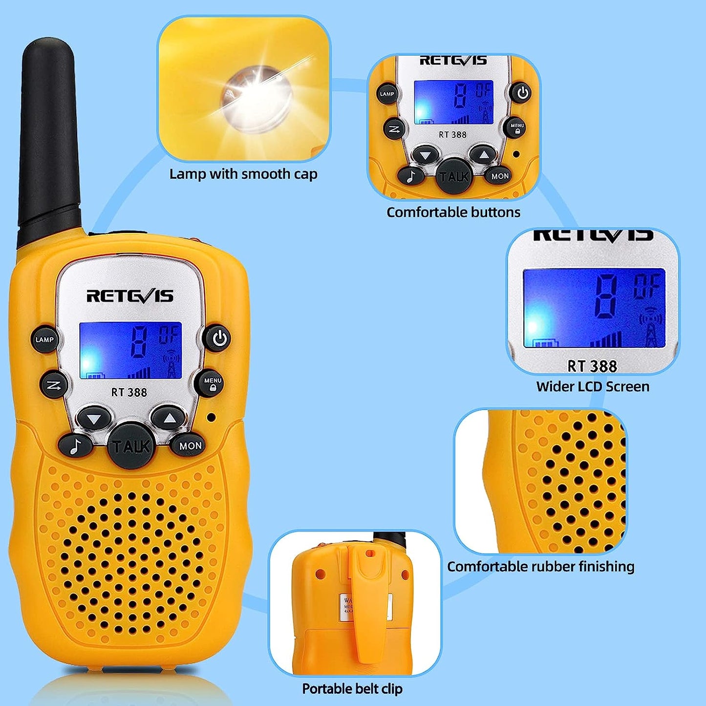 Retevis RT-388 Walkie Talkies for Kids,22 Channels Long Range Kids Toys with Flashlight,Christmas Gifts Boys Girls Outdoor Indoor Cosplay Camping Hiking Skating(Yellow,2 Pack)