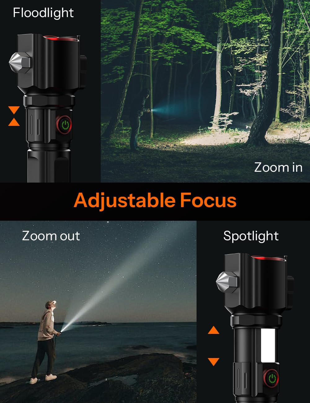 Rechargeable Torch Light High Power, 10000 Lumens Flashlight with 5 Light Modes, Side Light, Adjustable Focus Torch Lights Rechargeable, Window Breaker and Cutter, IP45, Aluminum Alloy, Black