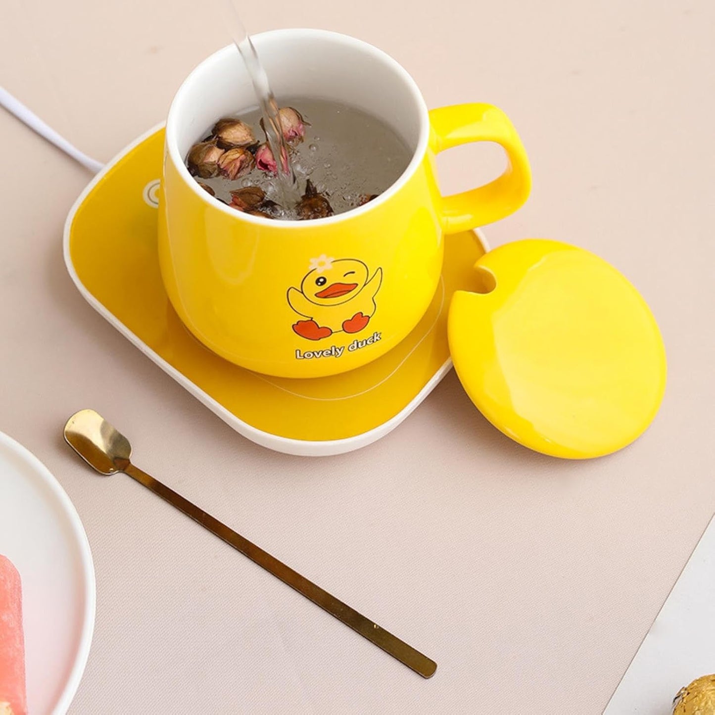 250ml Cartoon Yellow Duck Constant Temperature 55 Degree Ceramic Mug With Lid And Spoon, Heated Coaster Gift Box-Little Yellow Duck - Gift Box Package