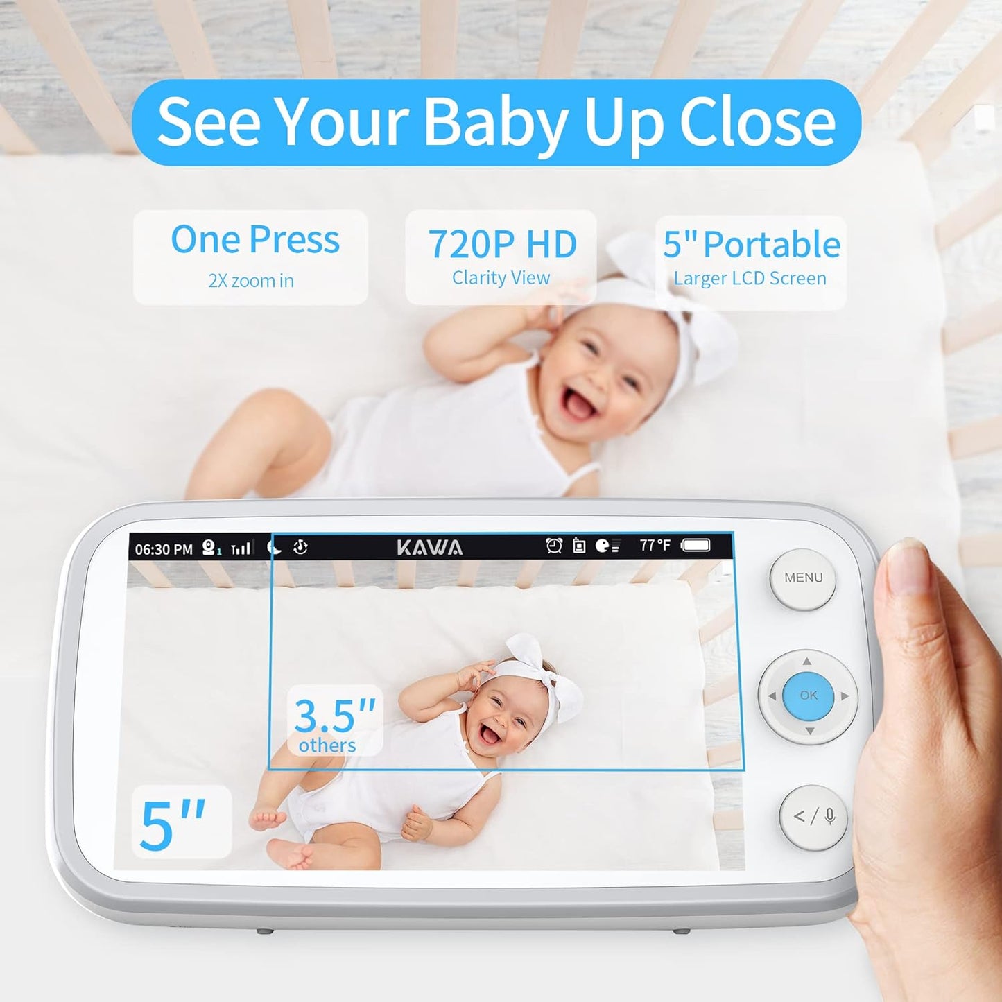 Baby Monitor, KAWA Video Baby Monitor with Camera and Audio, 5" 720P HD Display, No WiFi, Spilt Screen, Night Vision, 2-Way Talk, Temperature Sensor, 20Hrs Battery, Lullabies, 1000ft Range S6