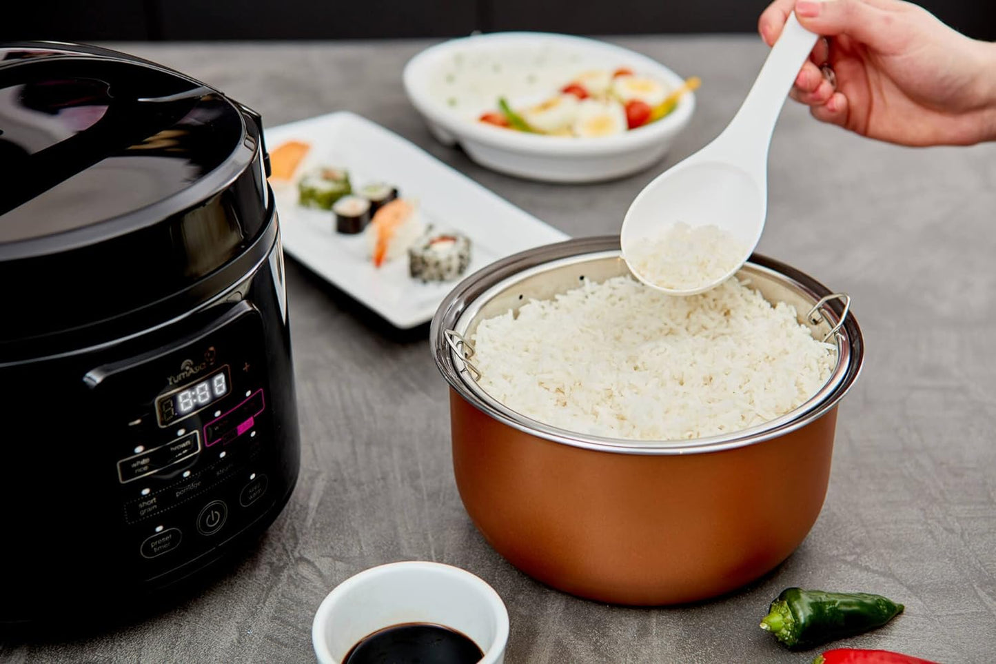 Yum Asia Kumo YumCarb Rice Cooker with Ceramic Bowl and Advanced Fuzzy Logic (5.5 Cups, 1 Litre), 5 Rice Cooking Functions, 3 Multi Cooking Functions, 220-240V EU