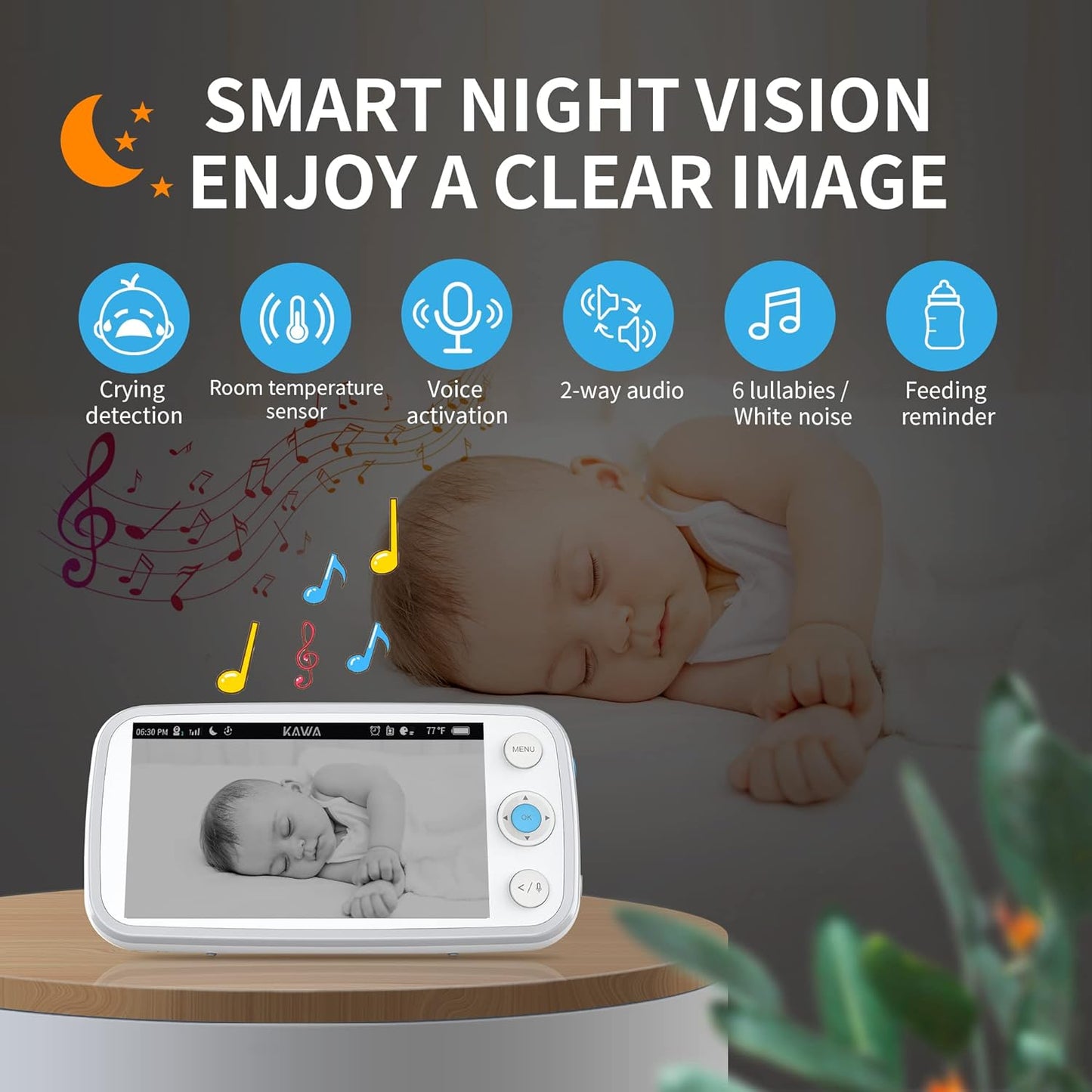 Baby Monitor, KAWA Video Baby Monitor with Camera and Audio, 5" 720P HD Display, No WiFi, Spilt Screen, Night Vision, 2-Way Talk, Temperature Sensor, 20Hrs Battery, Lullabies, 1000ft Range S6