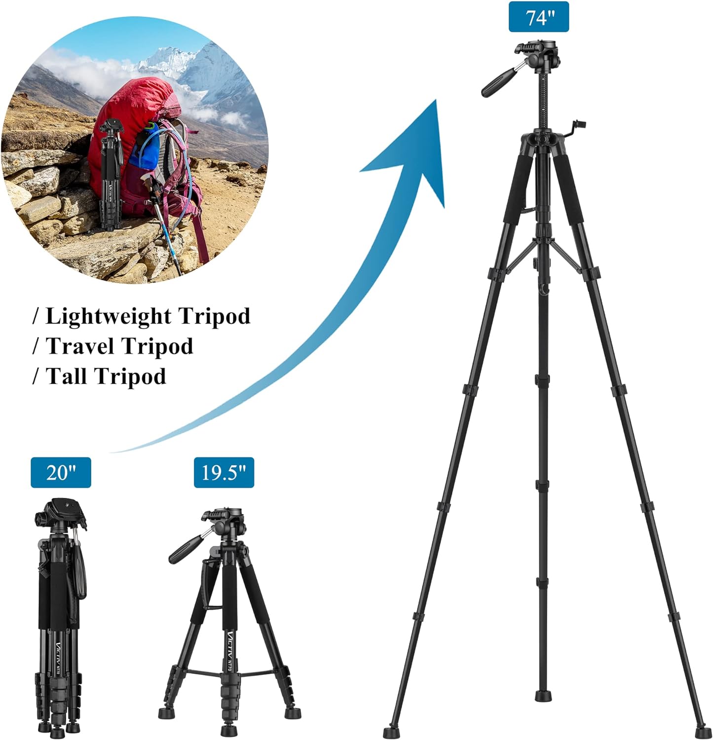 VICTIV NT70 Camera Tripod, Tripod for Camera and Phone, Aluminum Heavy Duty Tripod Stand for Canon Nikon with Carry Bag and Phone Holder, Compatible with DSLR, iPhone, Spotting Scopes, Max Load 15 Lb