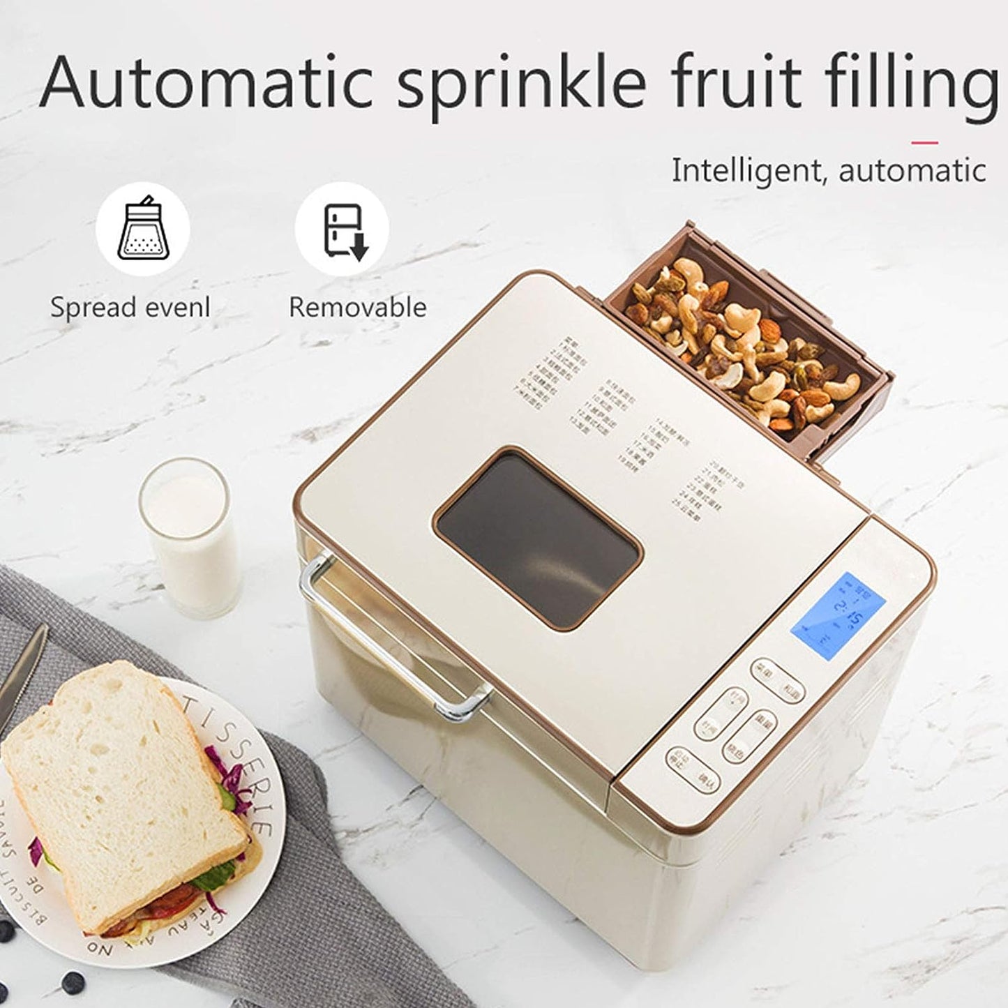 Home DIY Bread Machine, Automatic Digital Bread Maker with Gluten Free & Sourdough Settings, 3 Loaf Sizes & 3 Colours, 1H Heating Function, 13 Hour Delay Timer, with Fruit Nut Dispenser