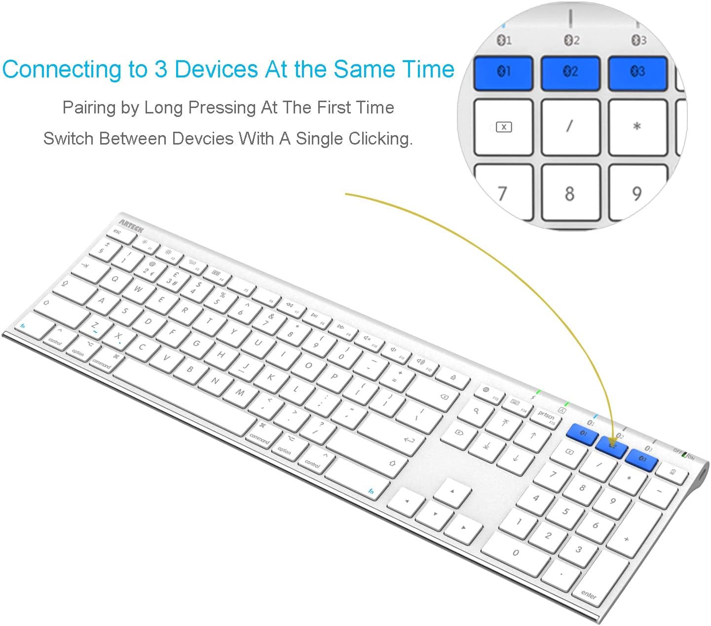 Arteck Bluetooth Keyboard for Mac iPad Multi-Device Stainless Steel Full Size Wireless Keyboard Compatible with iPad, iMac, Mac mini, MacBook, iPhone, Mac OS, iOS, Built-in Rechargeable Battery