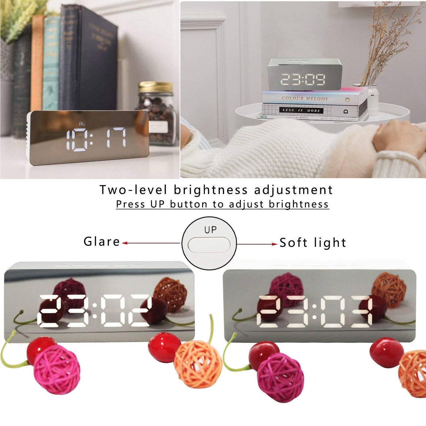 REMUS Battery and USB Powered Digital Mirror Travel Alarm Clock with Large LED Display , Snooze Time Temperature Function (White)