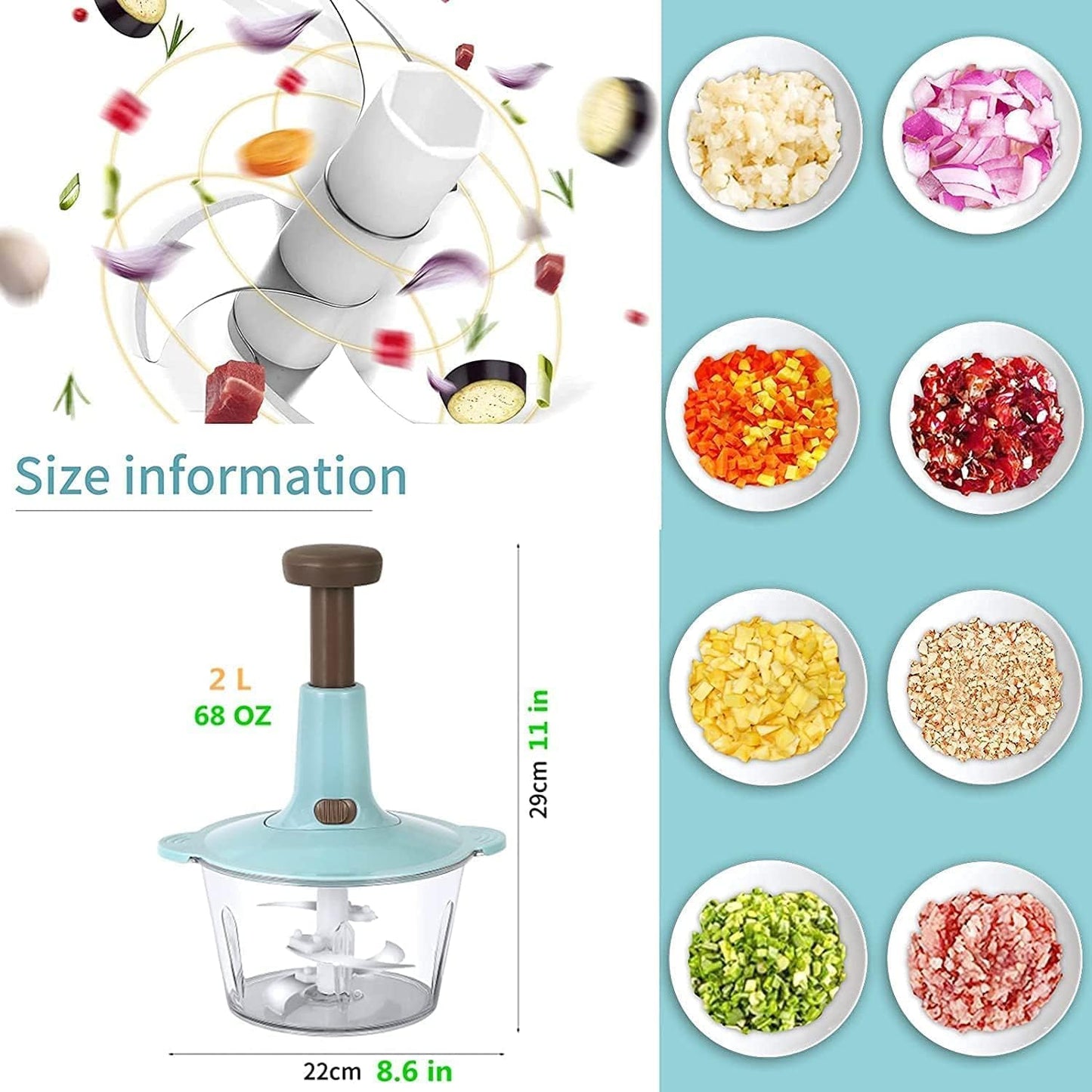 Food Chopper - 6 in 1 Manual Food Chopper Quick Press - 2L Large Vegetable Chopper - Perfect for Onion, Baby Food, Spices, Garlic, Fruits, Nuts and Meat Chops - 4 Blades