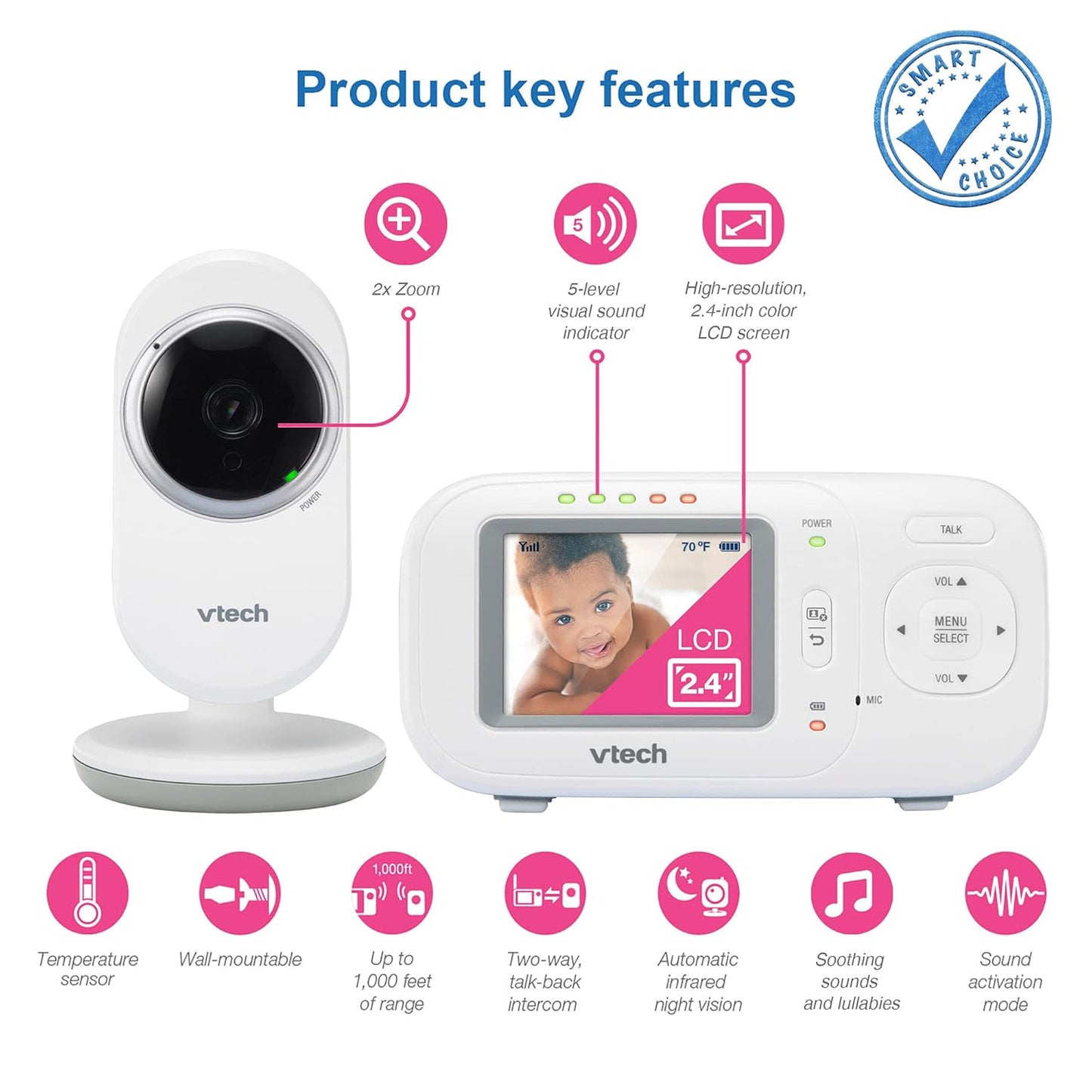 VTech VM320 Baby Monitor, 2.4" Screen with Fixed Camera, Night Vision, Soothing Sounds, 2-Way Talk, Secured Transmission, Secure Transmission No WiFi