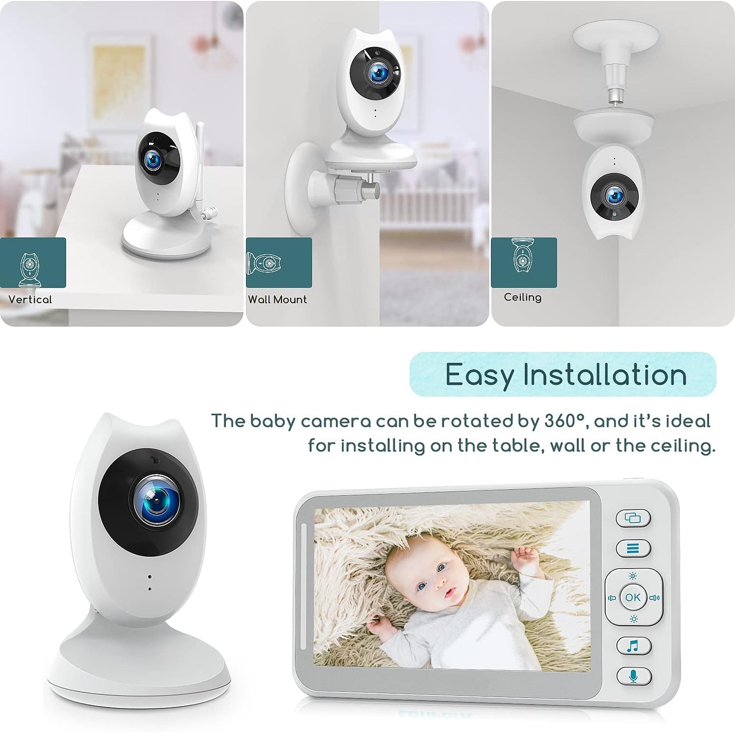 Campark BM40 Video Baby Monitor with Camera and Audio, 4.3 Inch Baby Monitor with Night Vision, No WiFi, 2-Way Talk, VOX, Temperature Display, 8 Lullabies, Ideal for New Moms