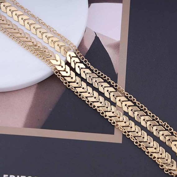 Dervivea Boho Layered Fishbone Chain Necklace Gold Fish Bone Choker Necklace Double Layer Thin Chain Necklace Chevron Necklace Jewelry for Women and Girls