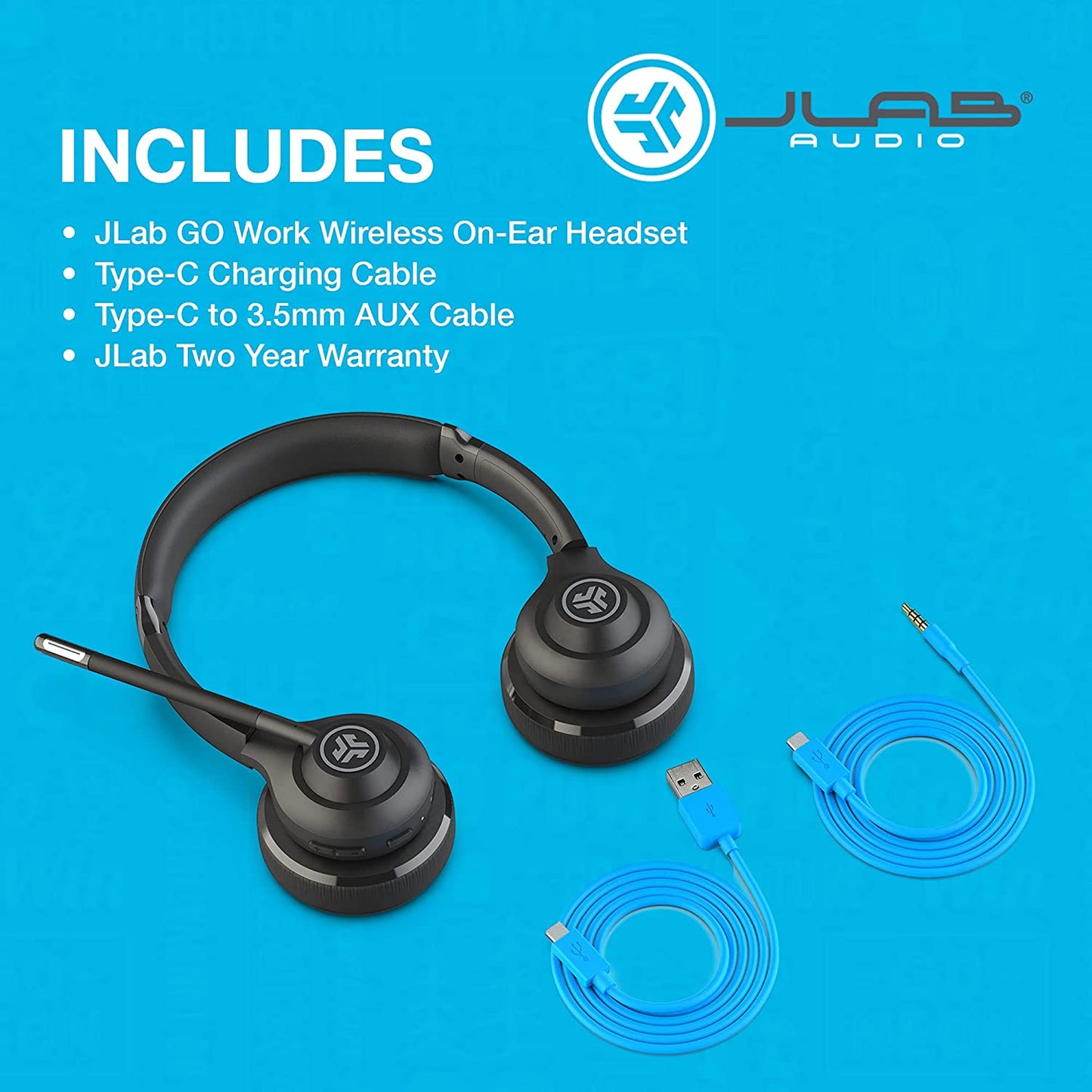 JLab Go Work Wireless Headsets with Microphone - 45+ Playtime PC Bluetooth Headset and Multipoint Connect to Laptop Computer and Mobile - Wired or Wireless Headphones (1 Pack)