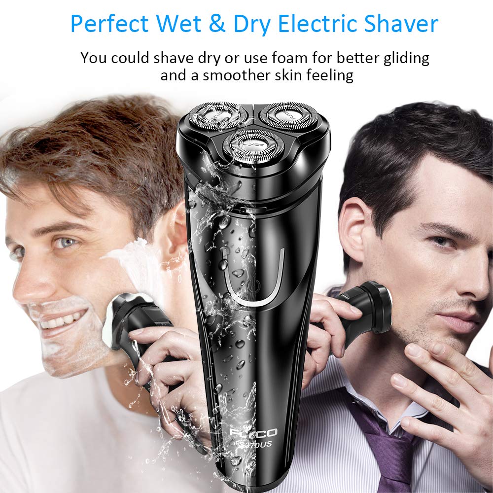 Electric Rotary Shaver,FLYCO Electric Shaver Wet & Dry Rotary Shavers for Men 100% Waterproof Rotary Razor Three independently-Floating Heads with The Pop-up Trimmer (Black)