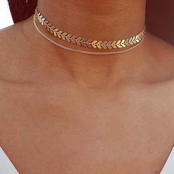 Dervivea Boho Layered Fishbone Chain Necklace Gold Fish Bone Choker Necklace Double Layer Thin Chain Necklace Chevron Necklace Jewelry for Women and Girls