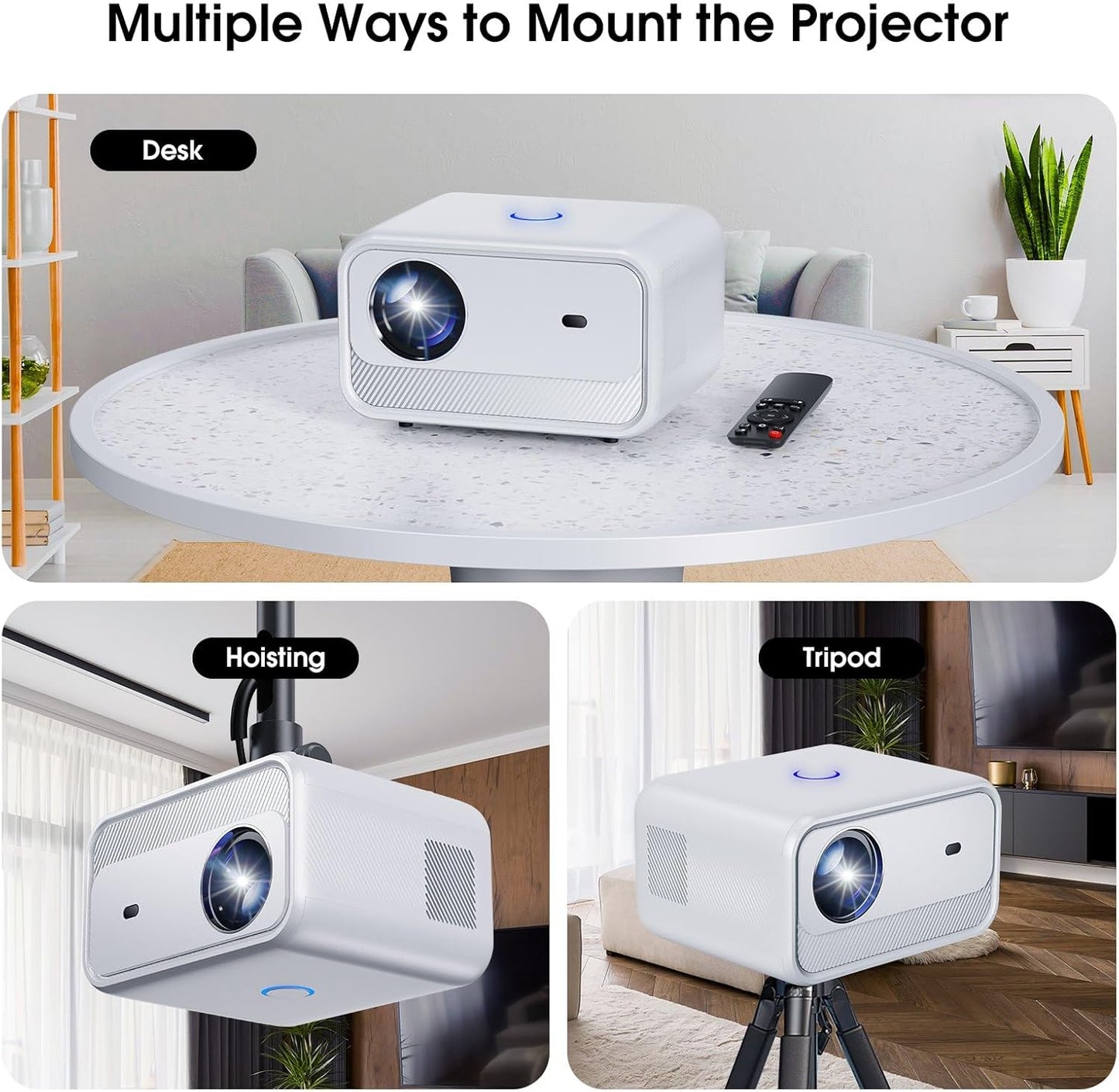 CY900 Smart Projector, Full HD 1080P, 4K Supported, Android 9, Electronic Focus, Auto Keystone, 300 ANSI Lumens, Dual WiFi, HDR Audio, Bluetooth, 58W Speaker, HDMI, USB, AV Port (White)