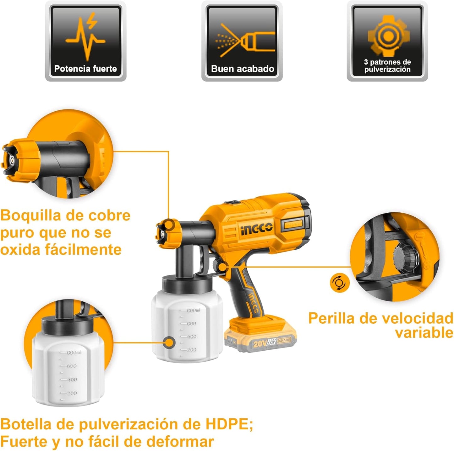 INGCO CSGLI2001 Cordless Lithium-Ion Paint Gun for Walls, Ceilings and Fences 800 ml 40DIN-s 20 V (without Battery or Charger)