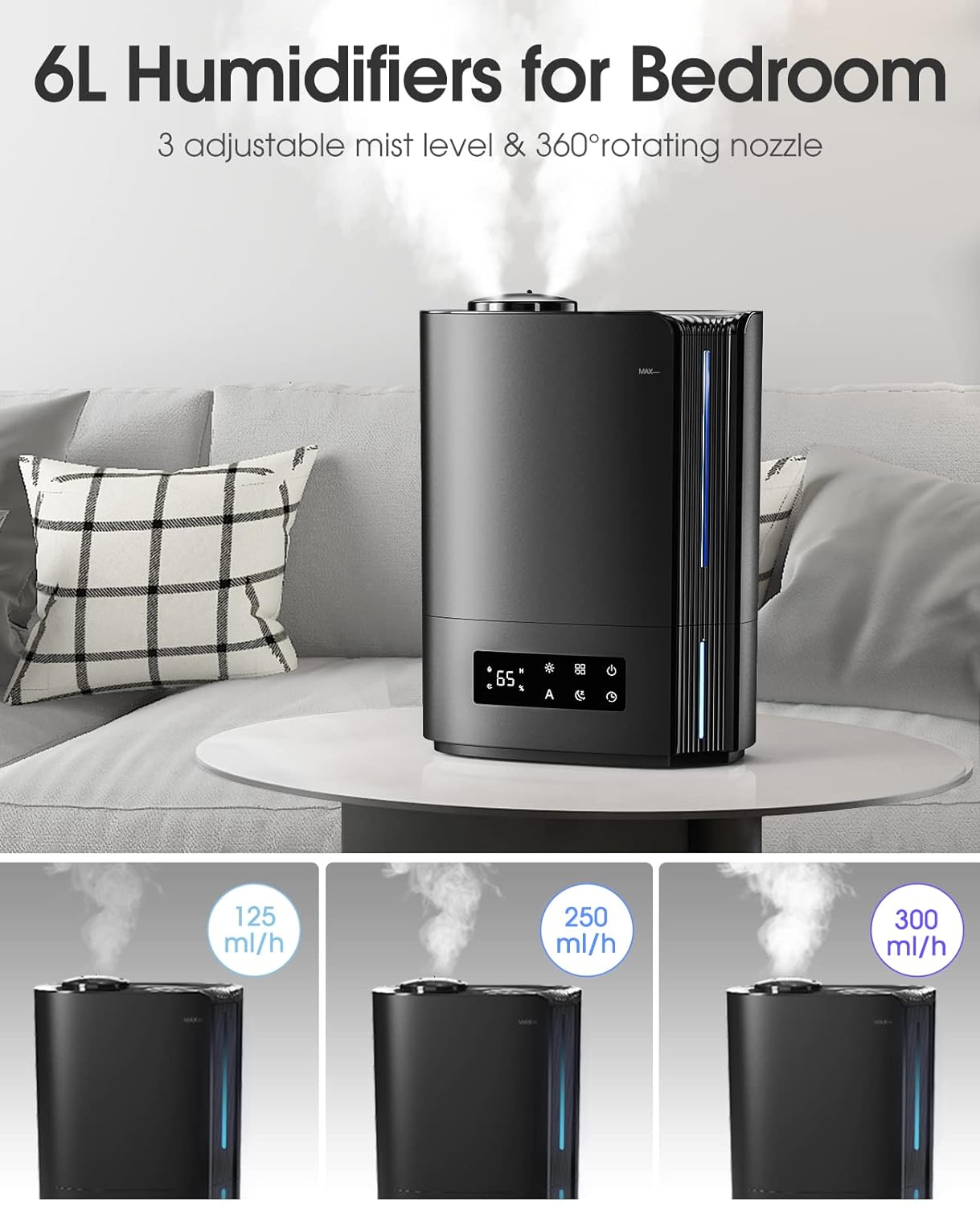 Humidifiers for Bedroom,6L Cool Mist Humidifiers with Humidistat and Timer,TABYIK Top Fill Humidifier for Large Room Quiet,with Essential Oil Diffuser for Home Office