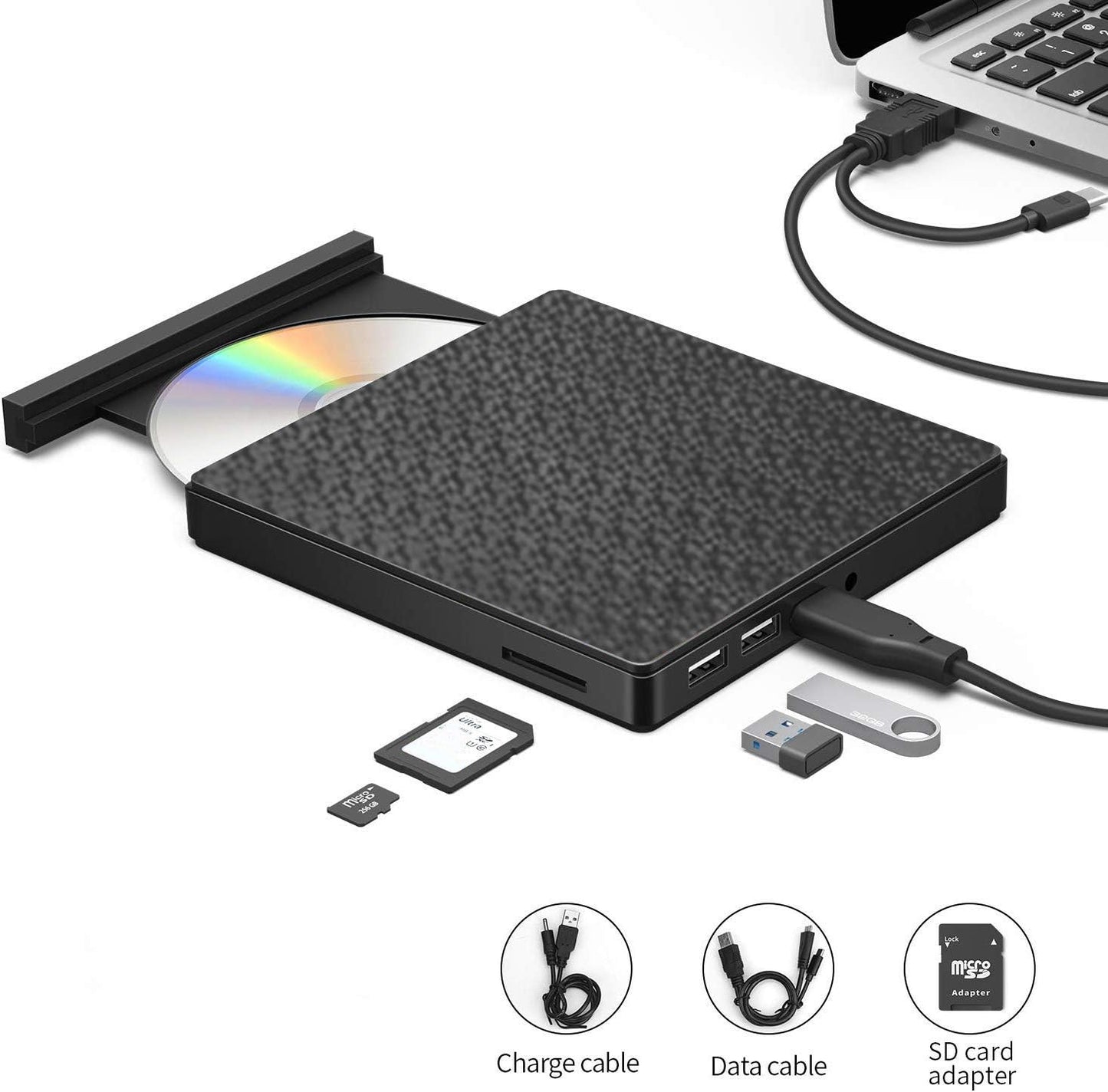 External DVD CD Drive High-Speed USB-C&USB 3.0 CD DVD-RW Player Burner Writer Rewrite Support SD/TF Card/2 USB 3.0 Ports/Charging,Compatible with WriteOS/Windows/MacBook/Laptop/Desktop Computer pc