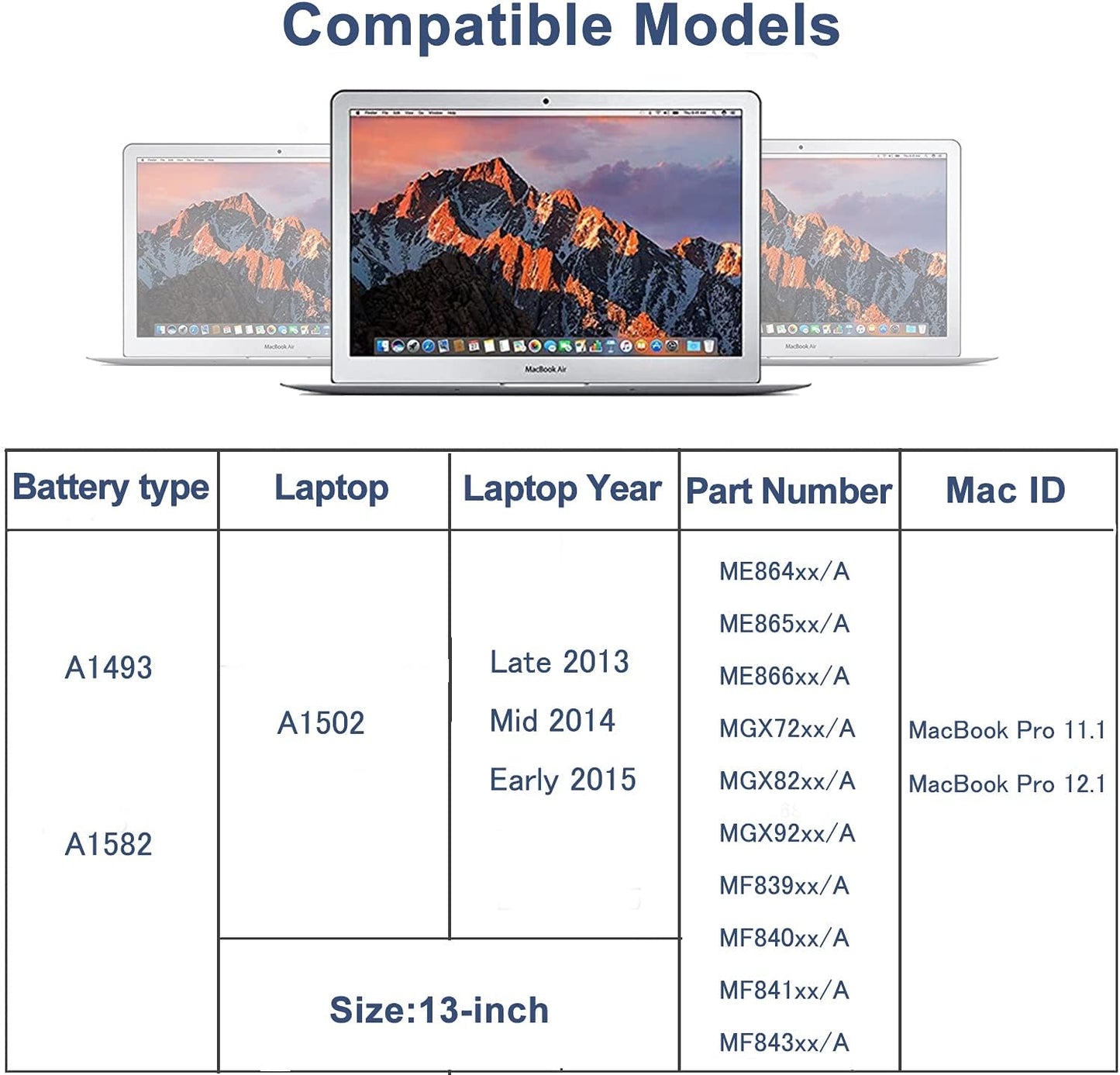 New Laptop Battery for MacBook Pro 13" Retina A1493 A1502 (Late 2013 Mid 2014) ME864LL/A ME866LL/A 020-8148 A1582(Early 2015)[ Li-Polymer 11.34V 71.6Wh]