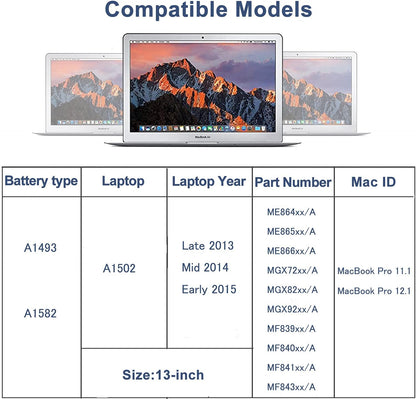 New Laptop Battery for MacBook Pro 13" Retina A1493 A1502 (Late 2013 Mid 2014) ME864LL/A ME866LL/A 020-8148 A1582(Early 2015)[ Li-Polymer 11.34V 71.6Wh]