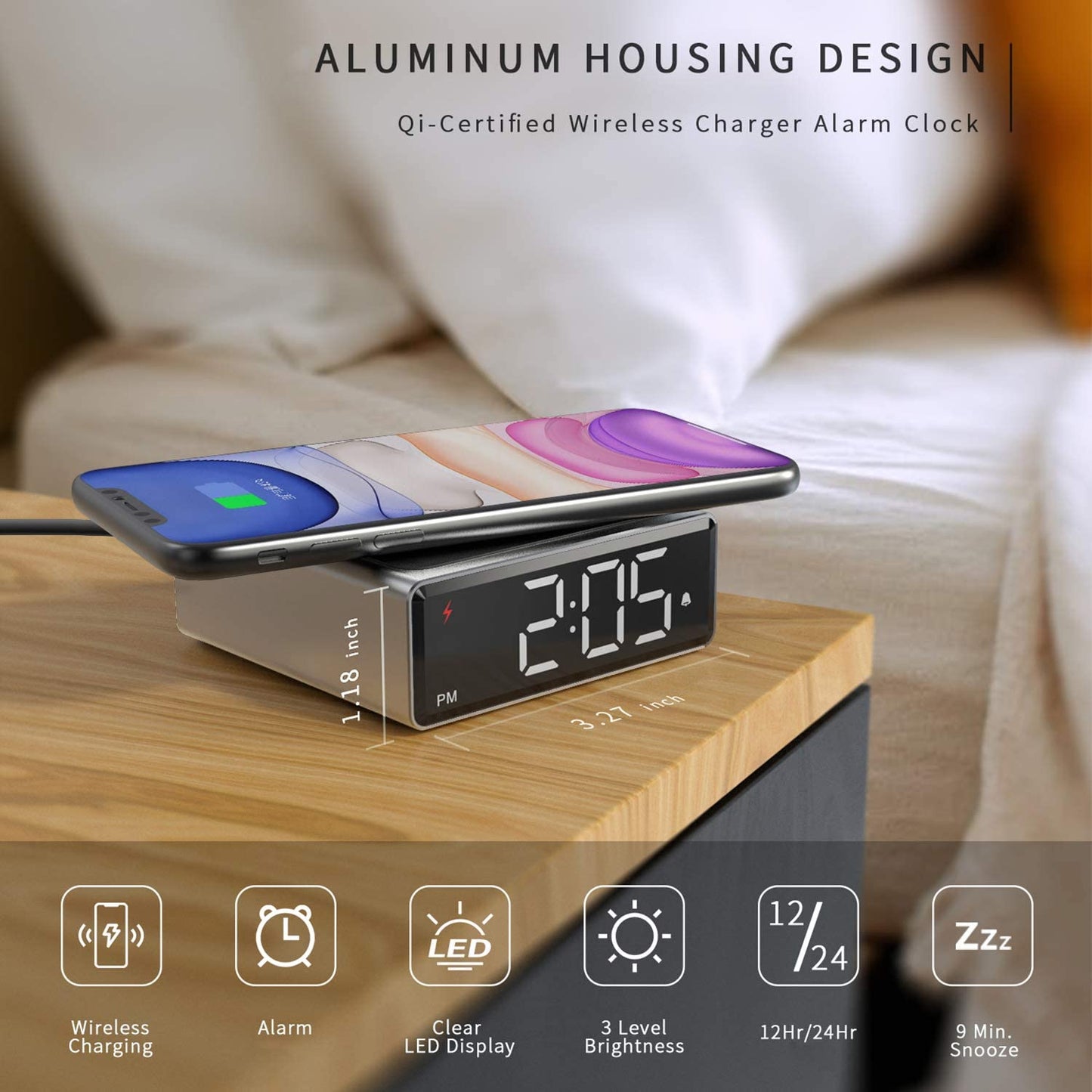 NOKLEAD Digital Alarm Clock with Qi Wireless Charger Clear LED Display