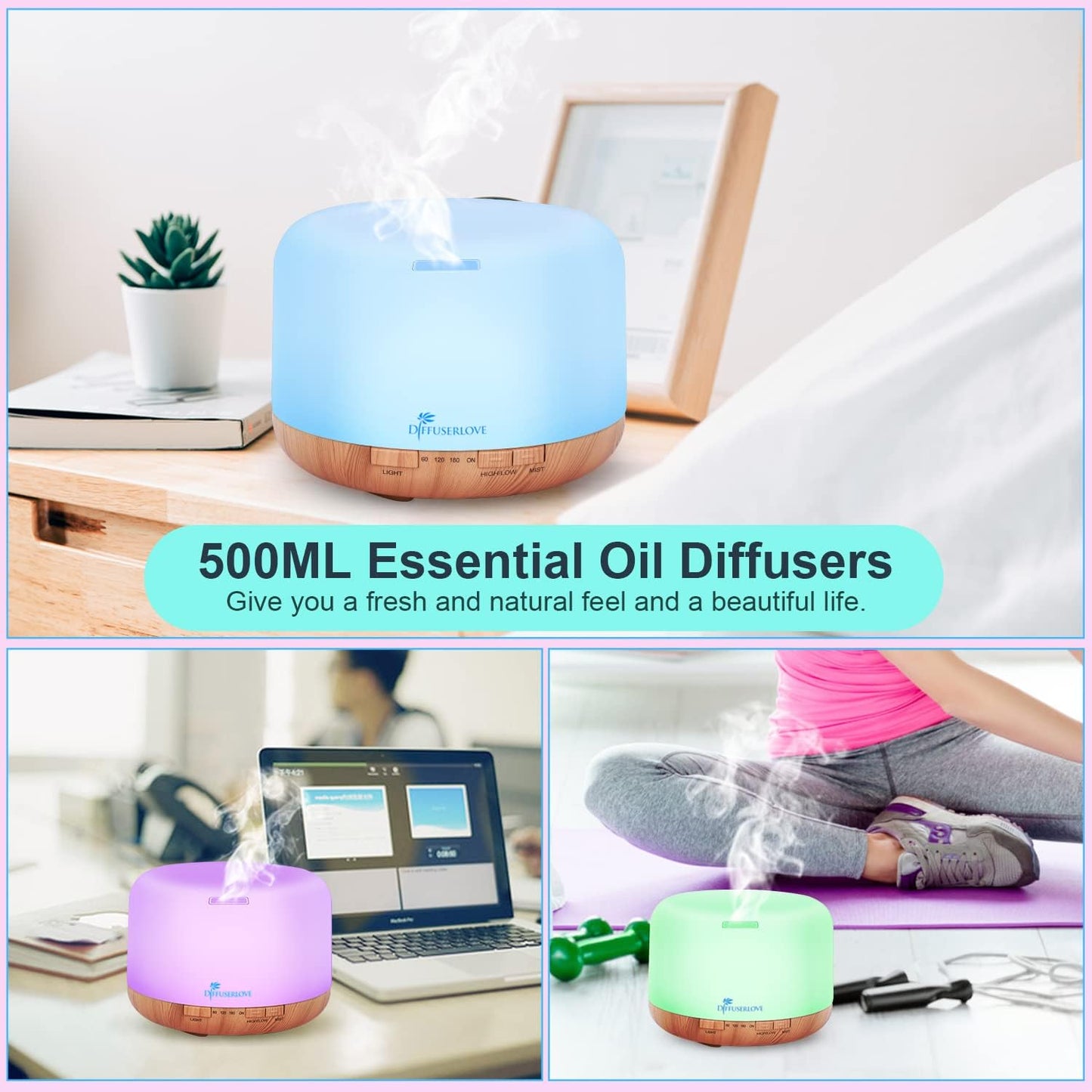 Diffuserlove Diffuser Essential Oil Diffusers 500ML Remote Control Aroma Diffuser Cool Mist Aromatherapy Diffuser with Mute Design, Timer and Auto Shut-Off for Office Living Room