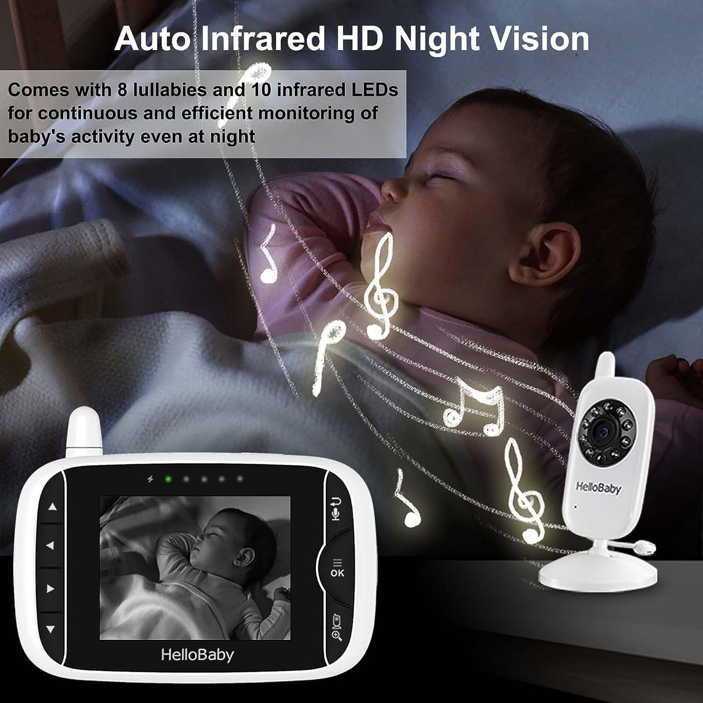 HelloBaby Video Baby Monitor with Camera and Audio - 3.2Inch Baby Camera Monitor IPS Display, Baby Monitor No WiFi, Two-Way Audio, VOX Mode, Infrared Night Vision, Temperature Monitoring, Lullaby