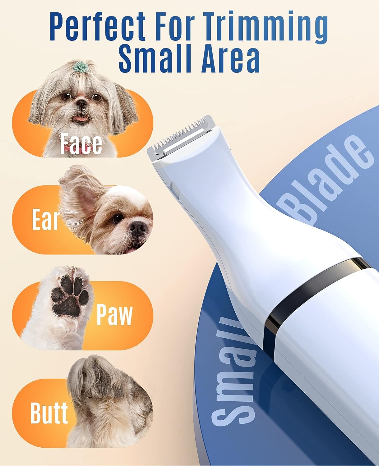 Dog Clippers with Double Blades,Cordless Small Pet Hair Grooming Trimmer,Low Noise for Trimming Dog's Hair Around Paws, Eyes, Ears, Face, Rump (White)