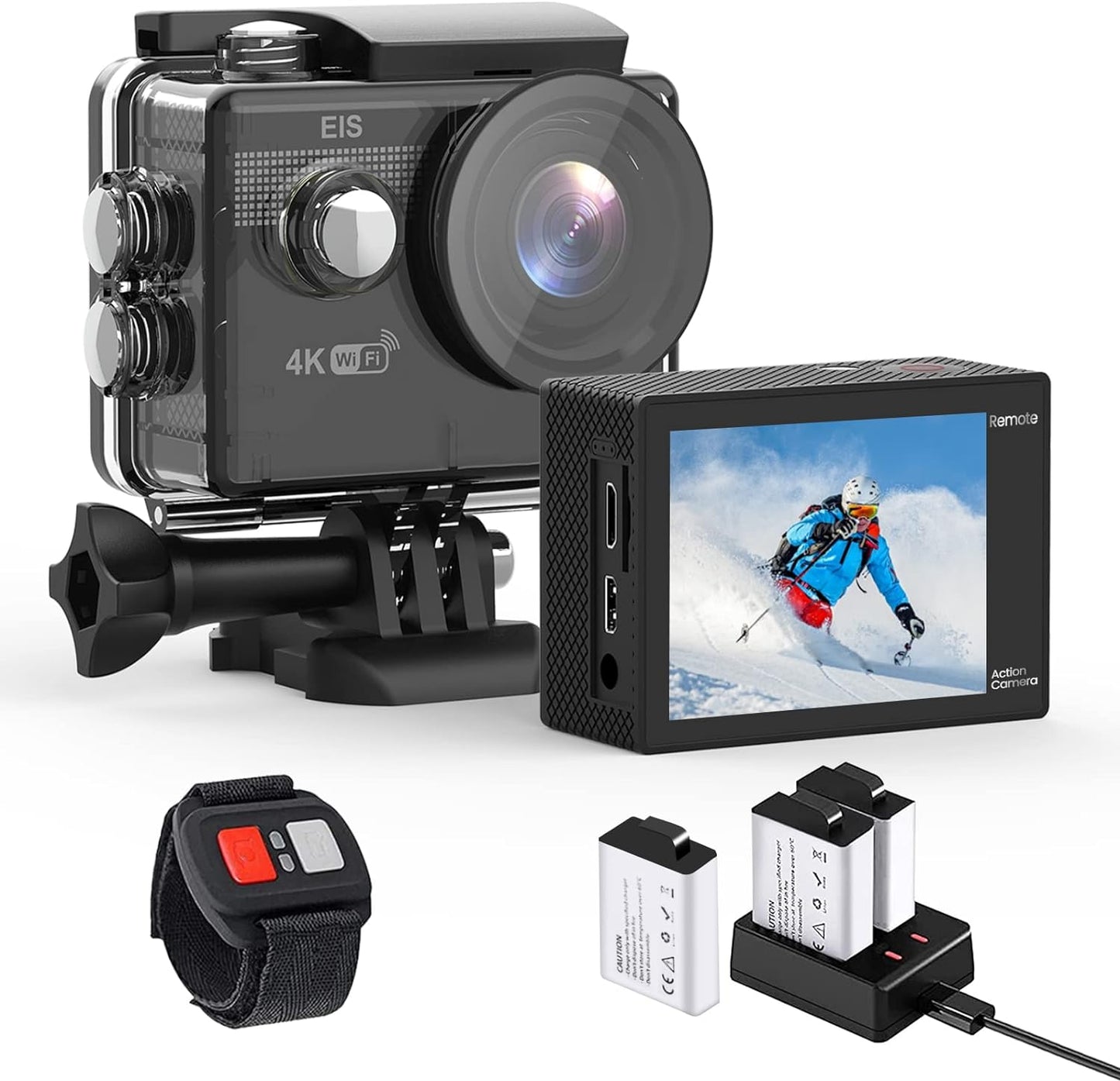 HCAM20 EIS Action Sports Camera with Accessories Mount Kit 3 1350mAh Batteries,HD WiFi Remote Underwater Camera with Waterproof Case,Outdoor Video Action Camera 4k with Wide Angle Lens