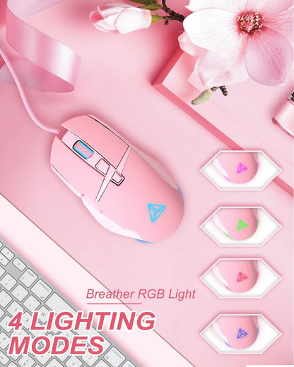 iTopschy Pink Wired Gaming Mouse, USB Optical Wired Mouse with RGB Backlight 4 Levels Adjustable DPI up to 4800 Ergonomic 8 Programmable Buttons Design PC Computer Mice for Mac Windows Gamer,Pink