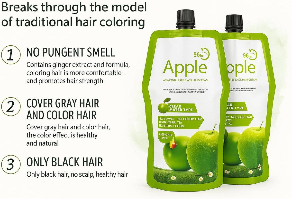 Apple Hair Color Ammonia-Free Black Hair Dye Cream 500ml + 500ml | Natural Black Hair & Beard Color with Apple Extract | 96H Long-Lasting Fragrance