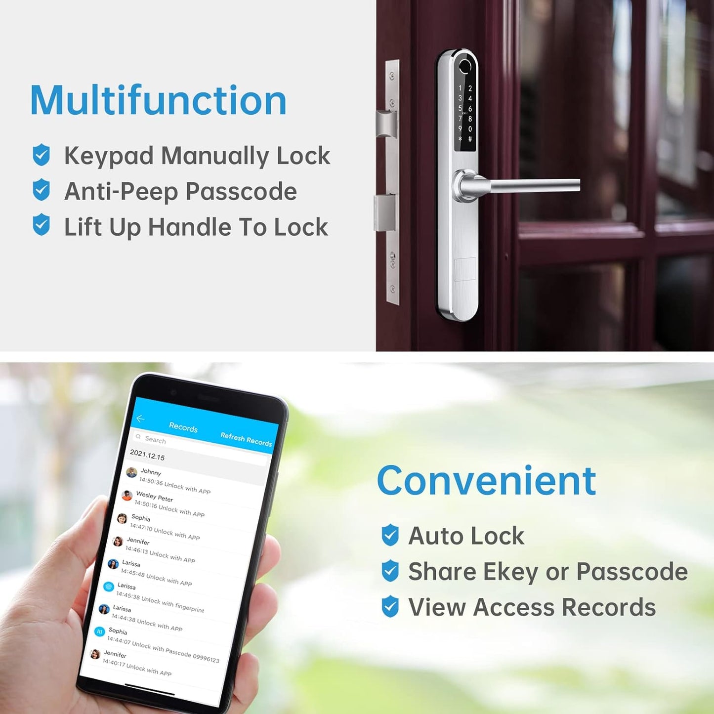 Ruveno Slim Smart Fingerprint Door Lock with Handles, Keyless Entry Door Lock, Bluetooth Fingerprint Keypad Card Keyless Unlock for Aluminum Swing Wooden Door(Grey)