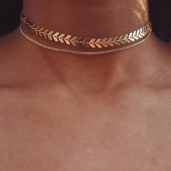 Dervivea Boho Layered Fishbone Chain Necklace Gold Fish Bone Choker Necklace Double Layer Thin Chain Necklace Chevron Necklace Jewelry for Women and Girls