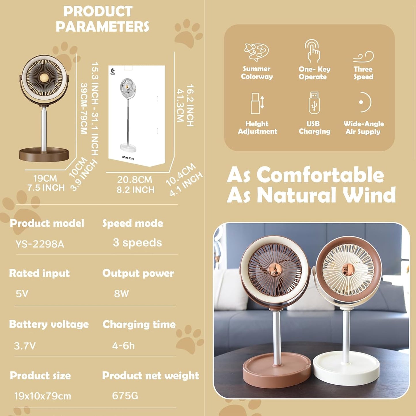 Portable Rechargeable Standing Fan 7.1" , USB Desk Fan & Portable Pedestal Fan For Travel, Small Floor Stand Up Fan For Sleeping, Height Adjustable, 3 Speed, For Home Bedroom Camping Traveling
