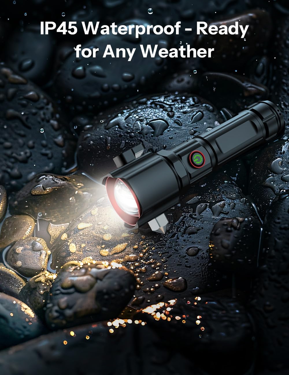 Rechargeable Torch Light High Power, 10000 Lumens Flashlight with 5 Light Modes, Side Light, Adjustable Focus Torch Lights Rechargeable, Window Breaker and Cutter, IP45, Aluminum Alloy, Black