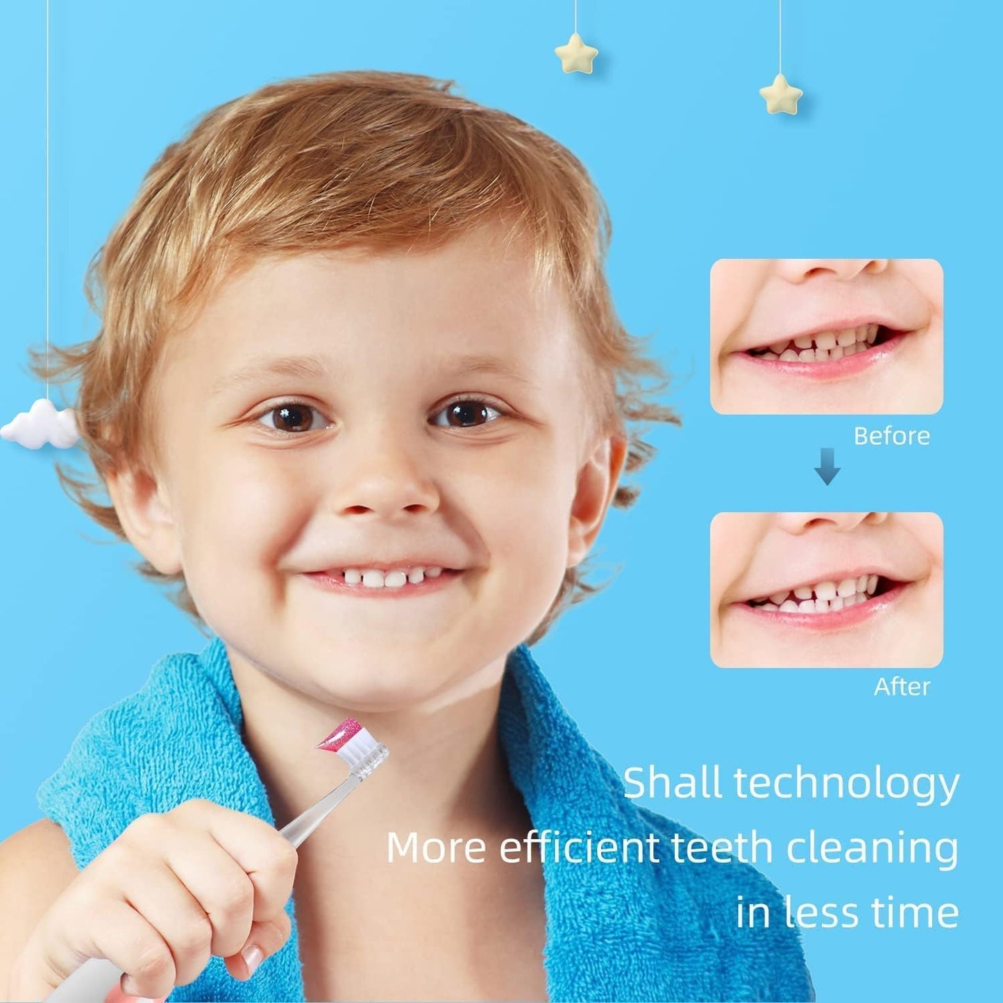 Seago SG-513 Electric Sonic Toothbrush for Children from 0 to 3 Years LED Light Smart Timer Sound Baby Toothbrush Waterproof IPX7 Children's Toothbrush (Sonic Toothbrush + 4 x Replacement Brushes,