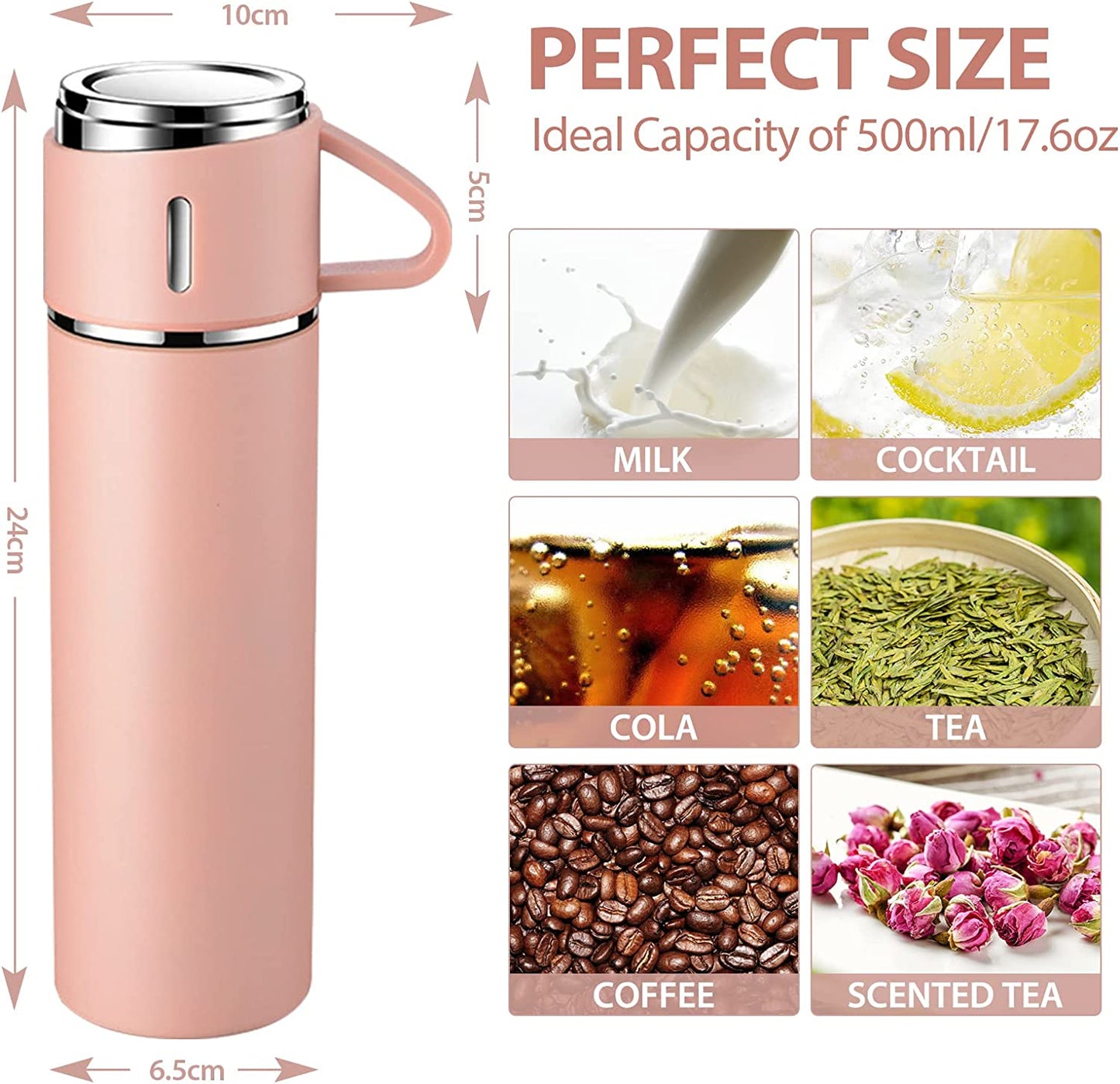 Double Wall Vacuum Bottles  Stainless Steel Water Bottle, Thermos Leak Proof, Built in Cup  Insulate Travel Mug, Hot & Cold Water Bottles 12 hrs Hot & 6 Hrs Cold (Multicolour) (500 ml)