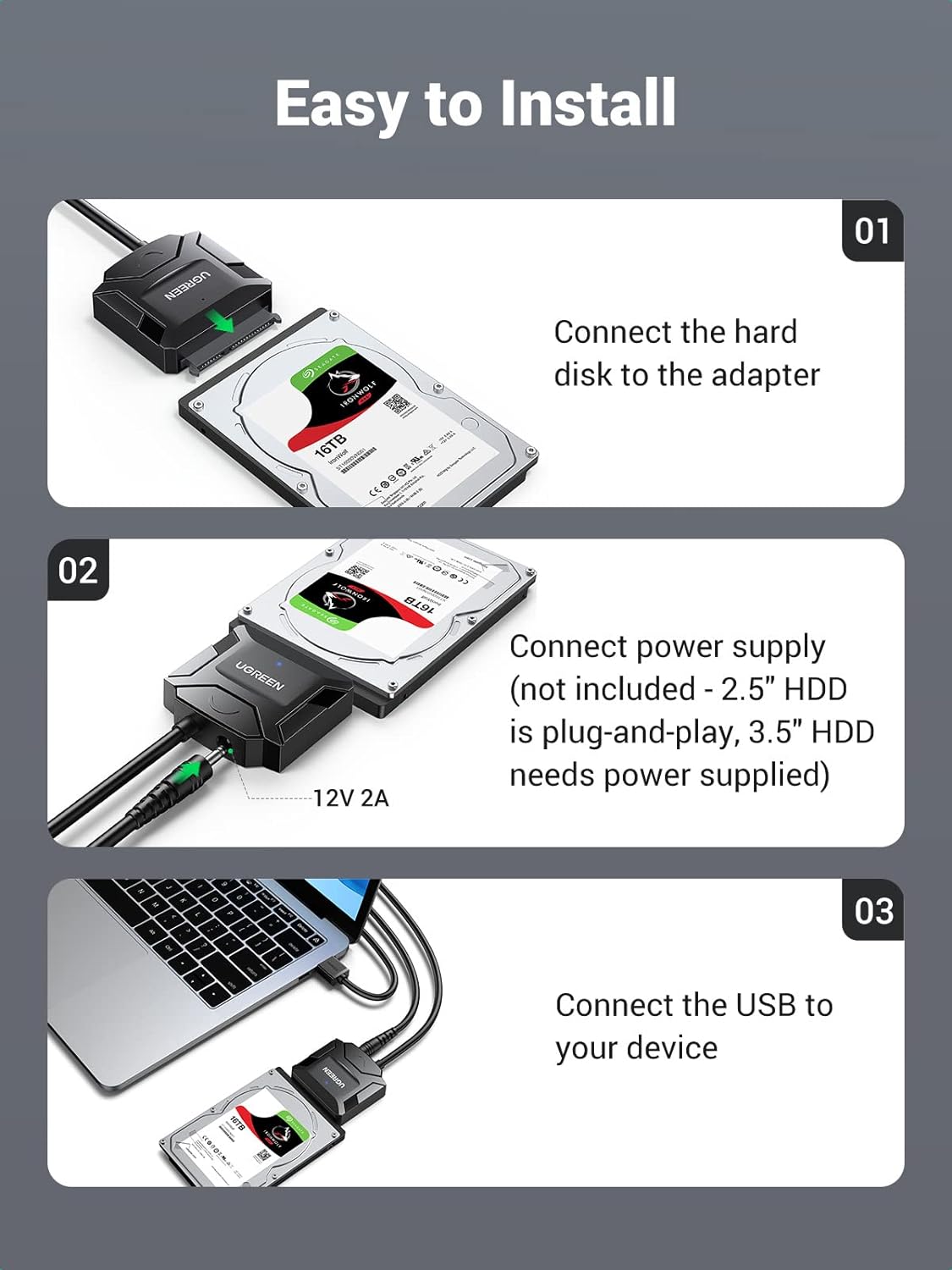 YouGreen SATA سے USB 3.0 اڈاپٹر، SATA کیبل 2.5/3.5 انچ ہارڈ ڈرائیو HDD SSD SATA III کے ساتھ 12V DC پاور انٹرفیس، 6Gbps ہائی سپیڈ، 12TB میکس، UASP سپورٹڈ، Windows OS،