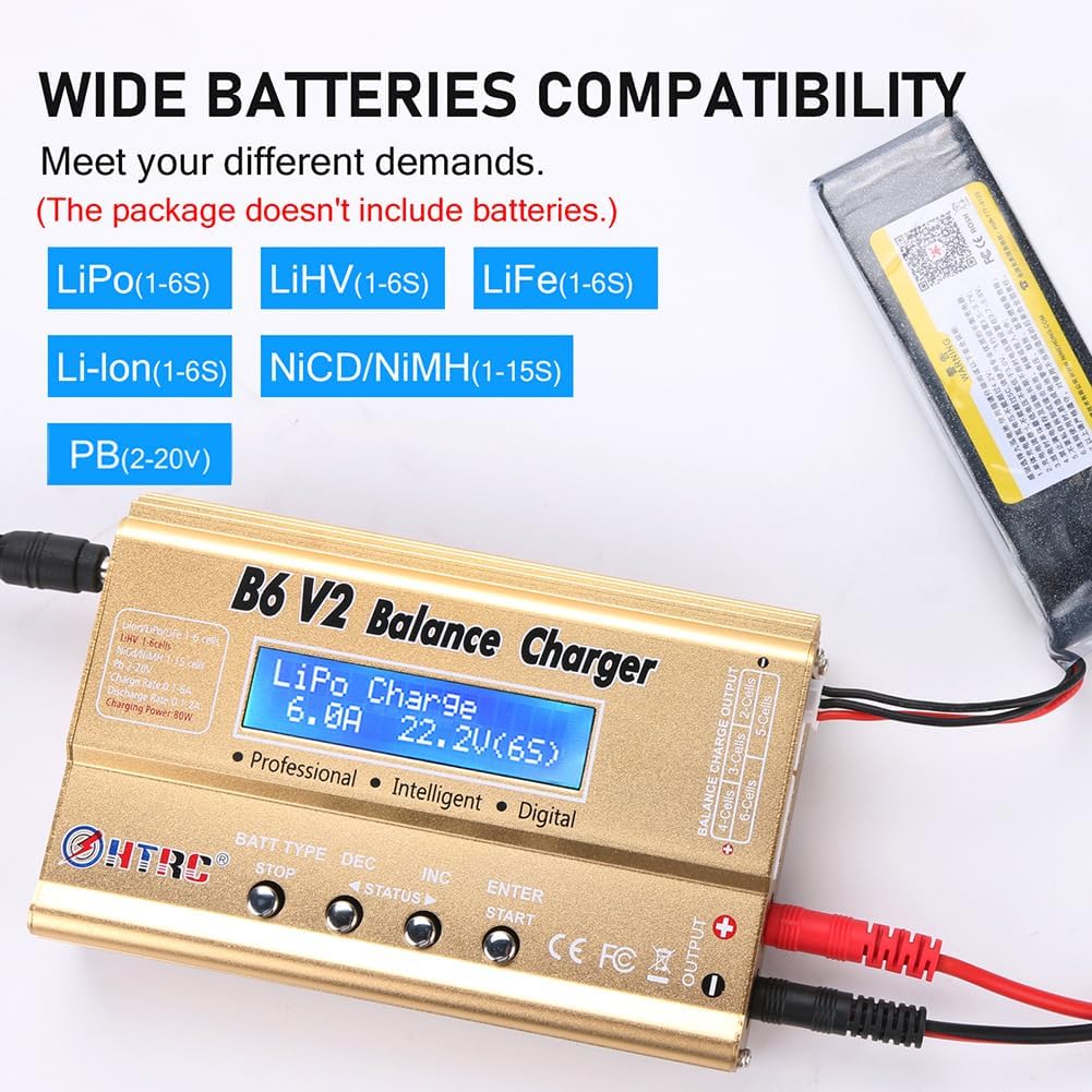 HTRC B6V2 80W LiPo Battery Charger Balance Fast Charger Discharger Digital Battery Pack Charger for 1S-6S LiPo/LiHV/Life/Li-ion 1S-15S NiCD NiMH 2-20V PB Smart Battery RC Car