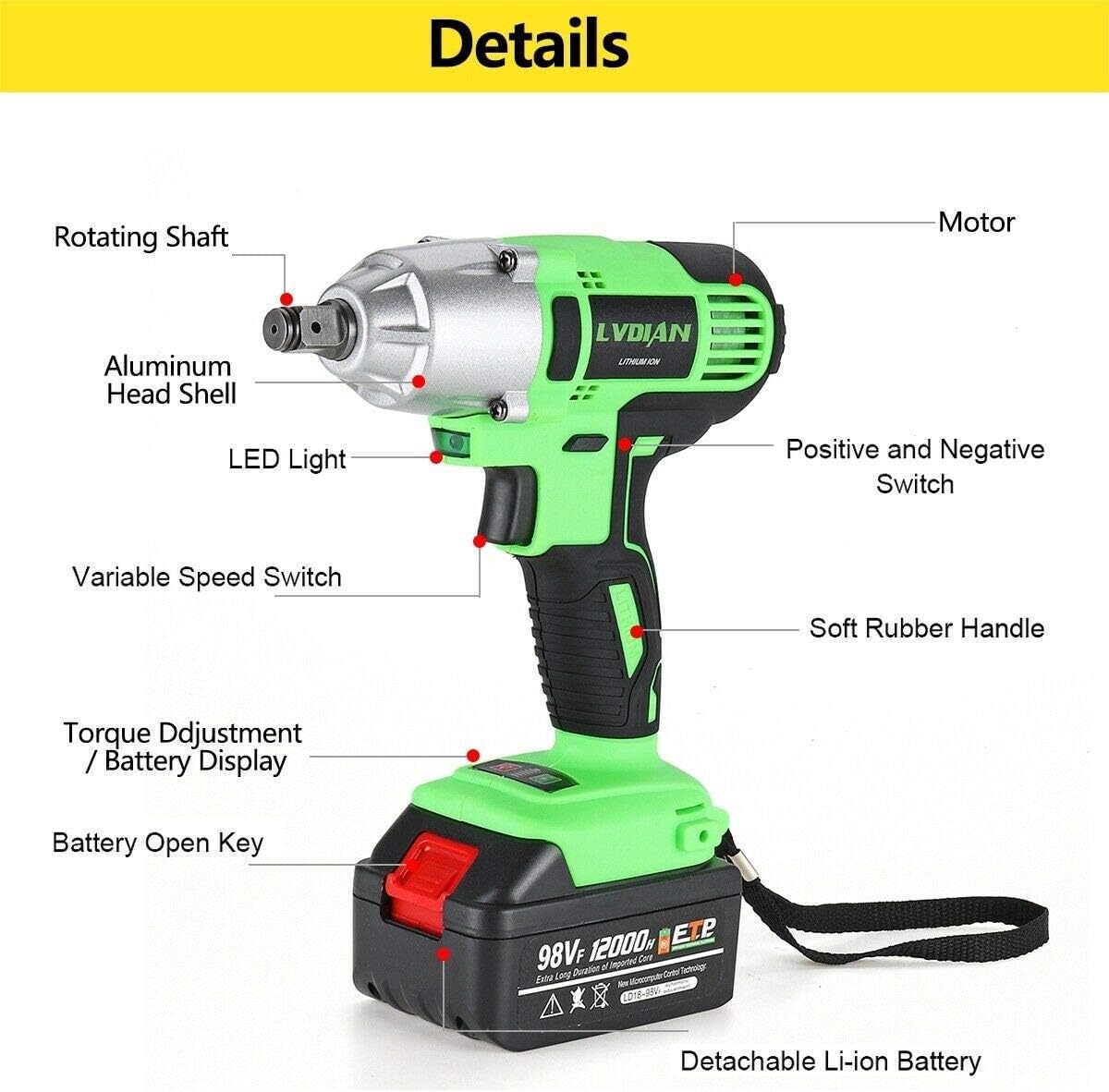 ETP 98VF 320NM (Without Box) 1/2 Electric 12800mah Cordless Drill Impact Wrench Torque Tool Lock LED for DIY, Home and General Building, Engineering Using, Car Repairing