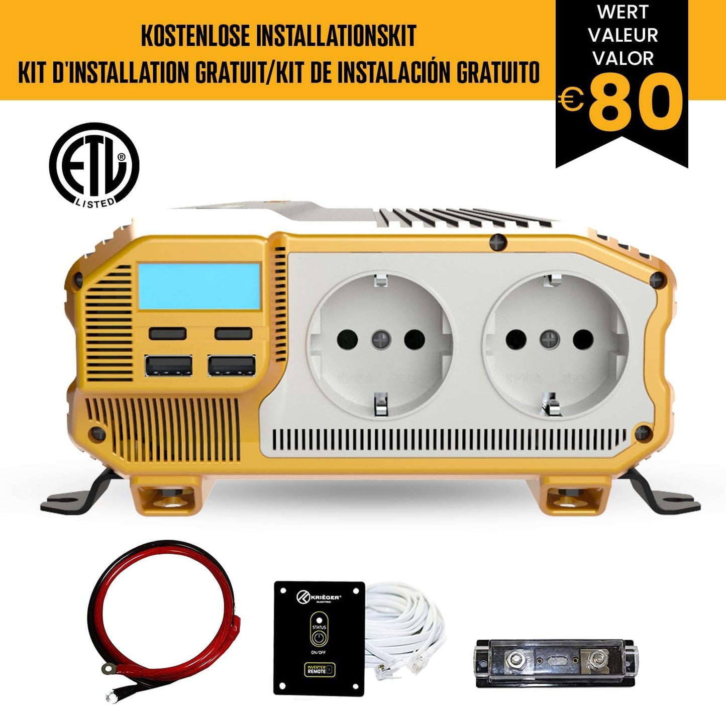 Like a New Condition Krieger 2000 Watt Car Power Inverter 12V to 220V, DC to AC Modified Sine Wave Converter, 2 x 220 Volt European Power Sockets and Installation Kit Included – SGS CE Approved